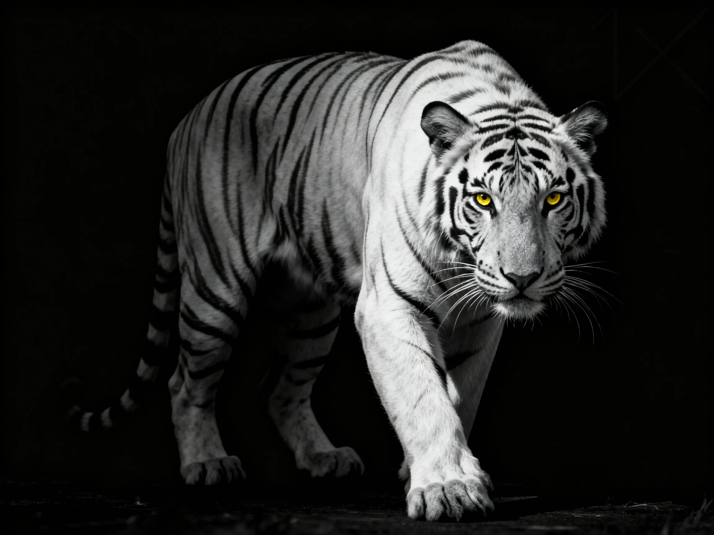 A white tiger with black stripes advances into a dark area.
