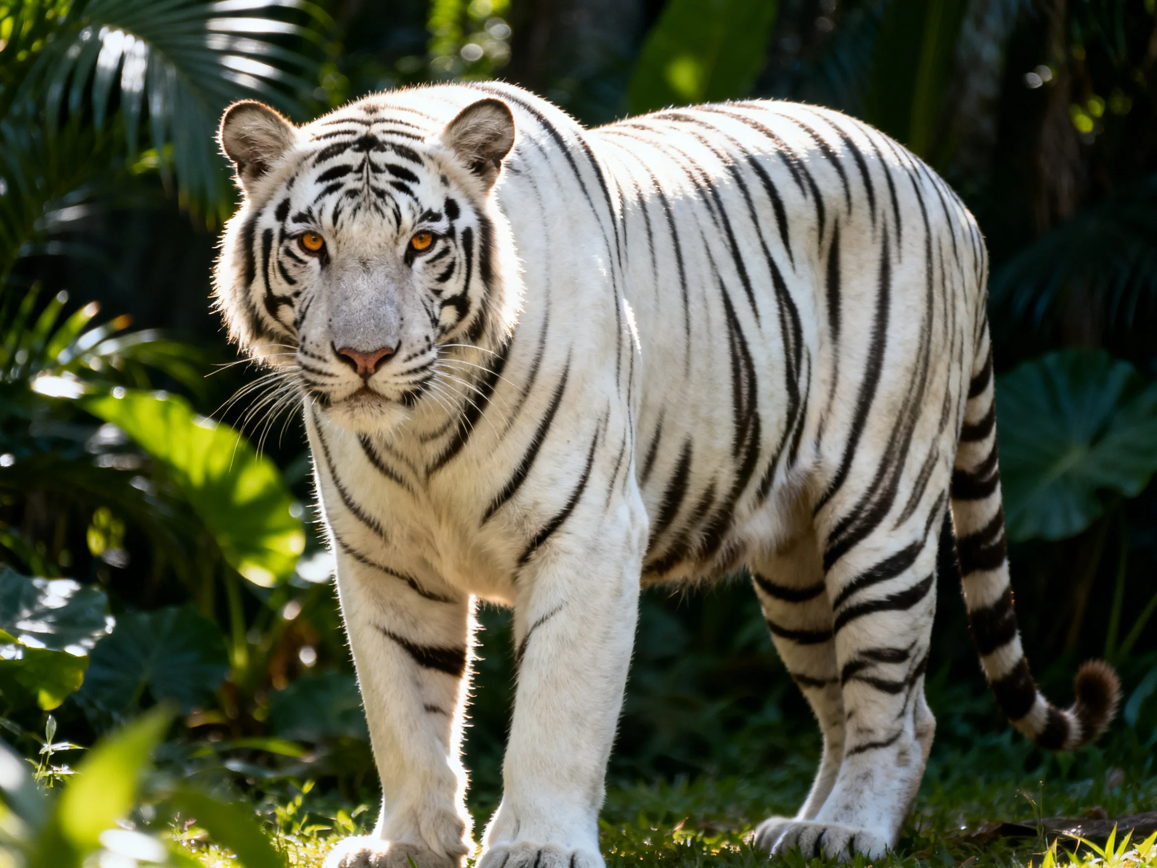 A white tiger with bold black stripes stands in a lush green setting.