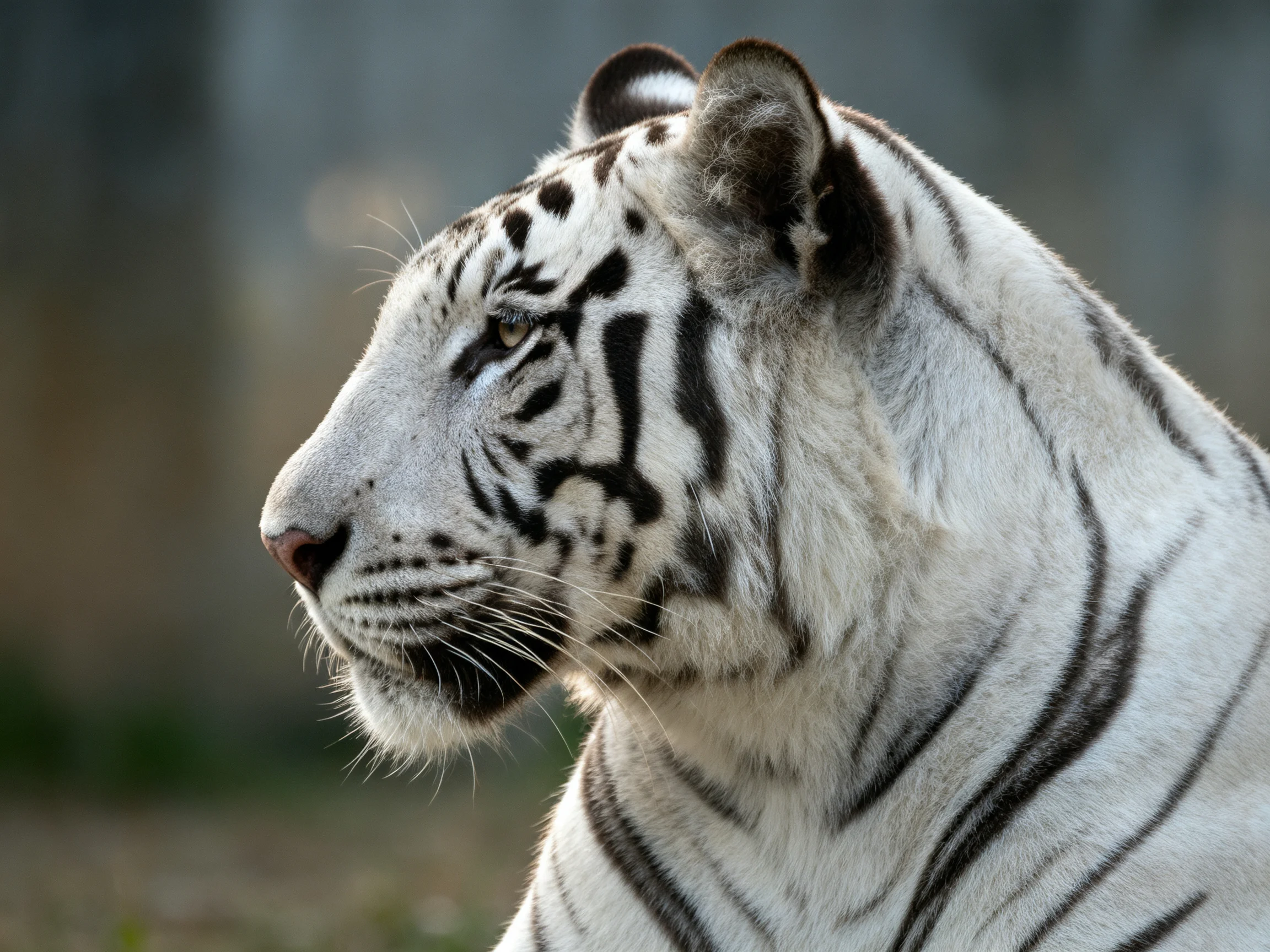 A white tiger with bold black stripes is shown in profile.