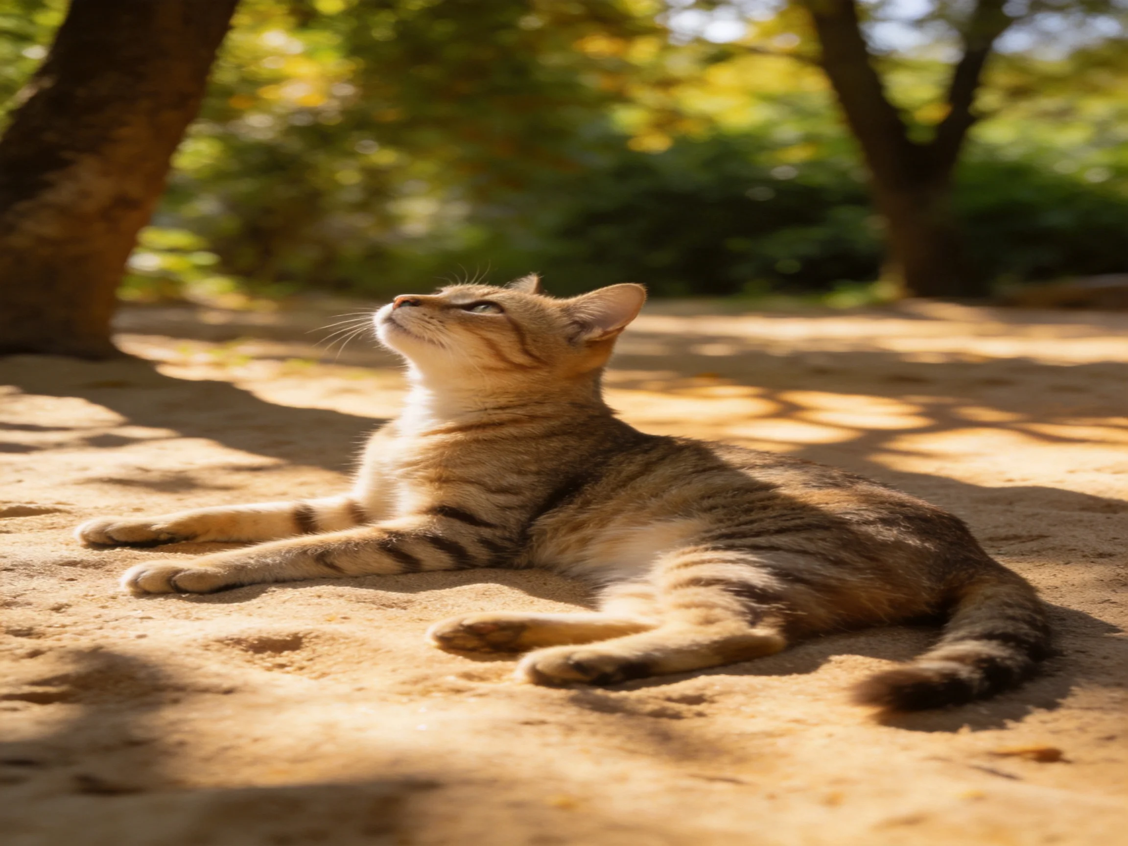 A tabby cat rests on sunlit sand in a shaded outdoor area