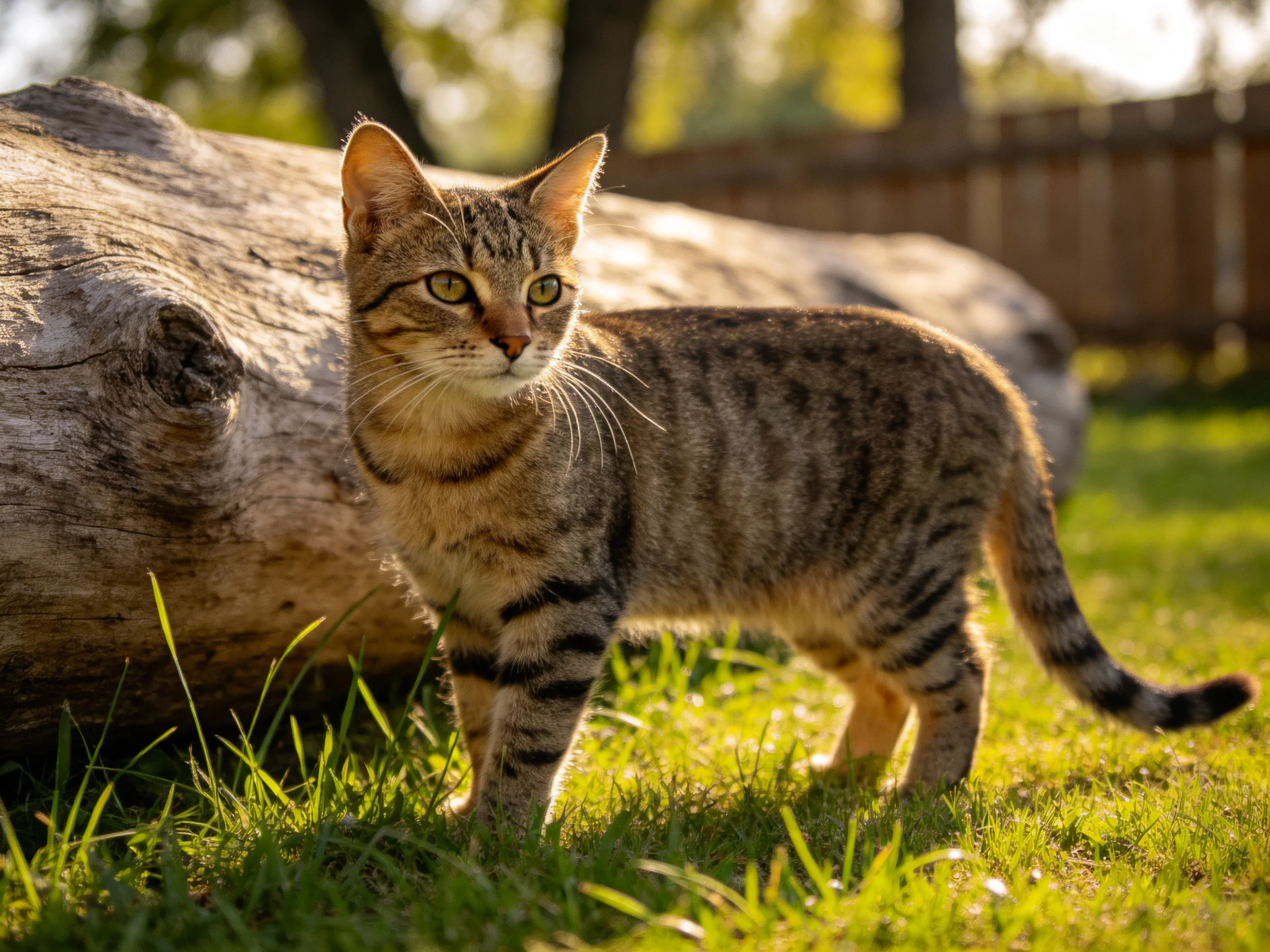 A striped tabby cat stands near a large log in a sunlit outdoor area.