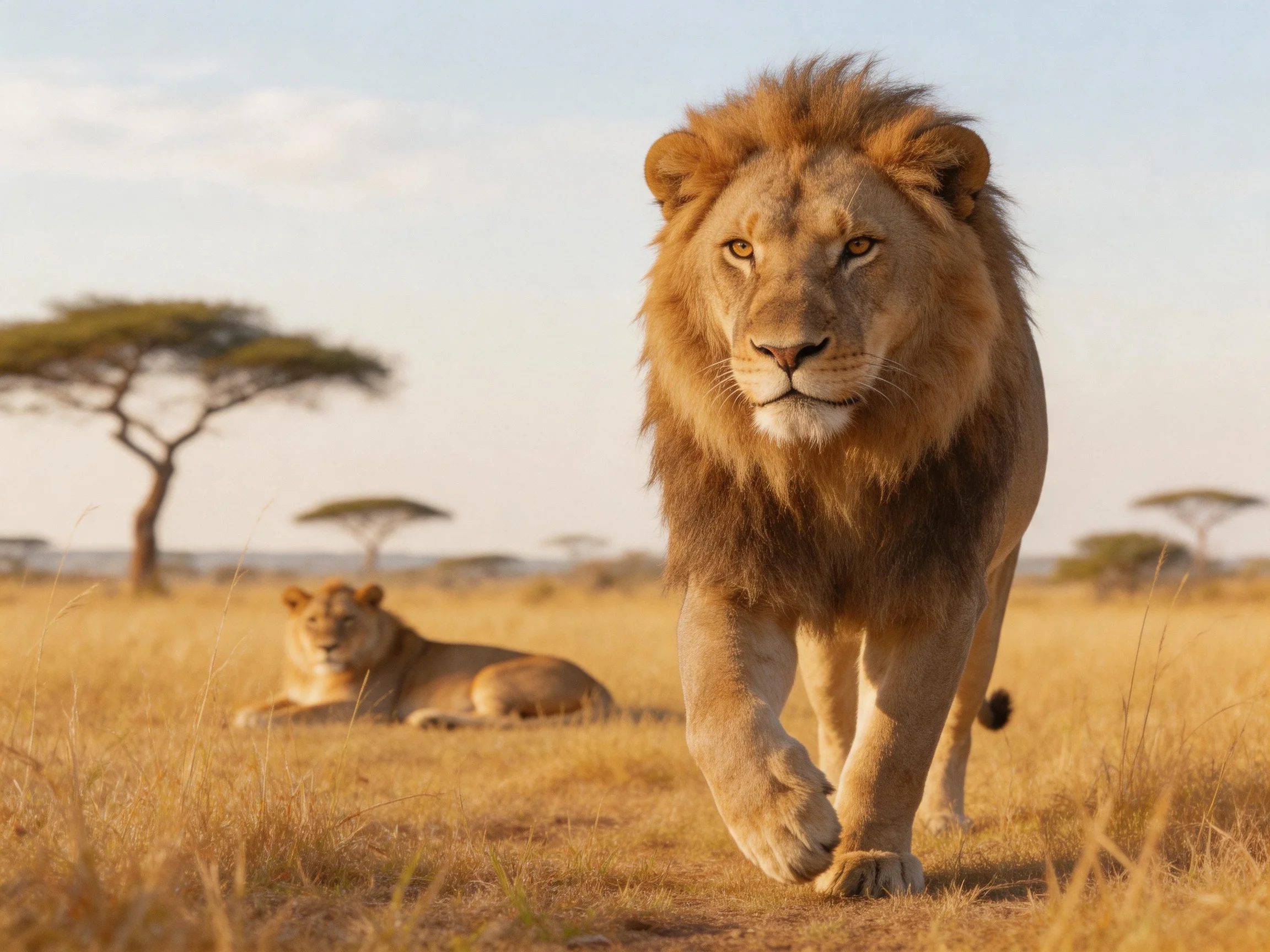 A lion walks toward the camera while a lioness rests nearby in the savannah.