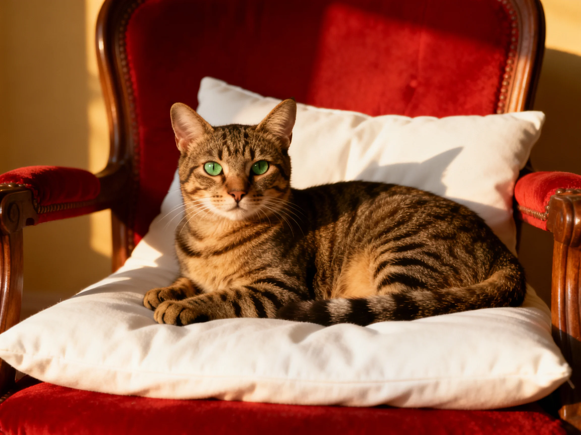 A tabby cat relaxes on a plush red chair with white cushions.