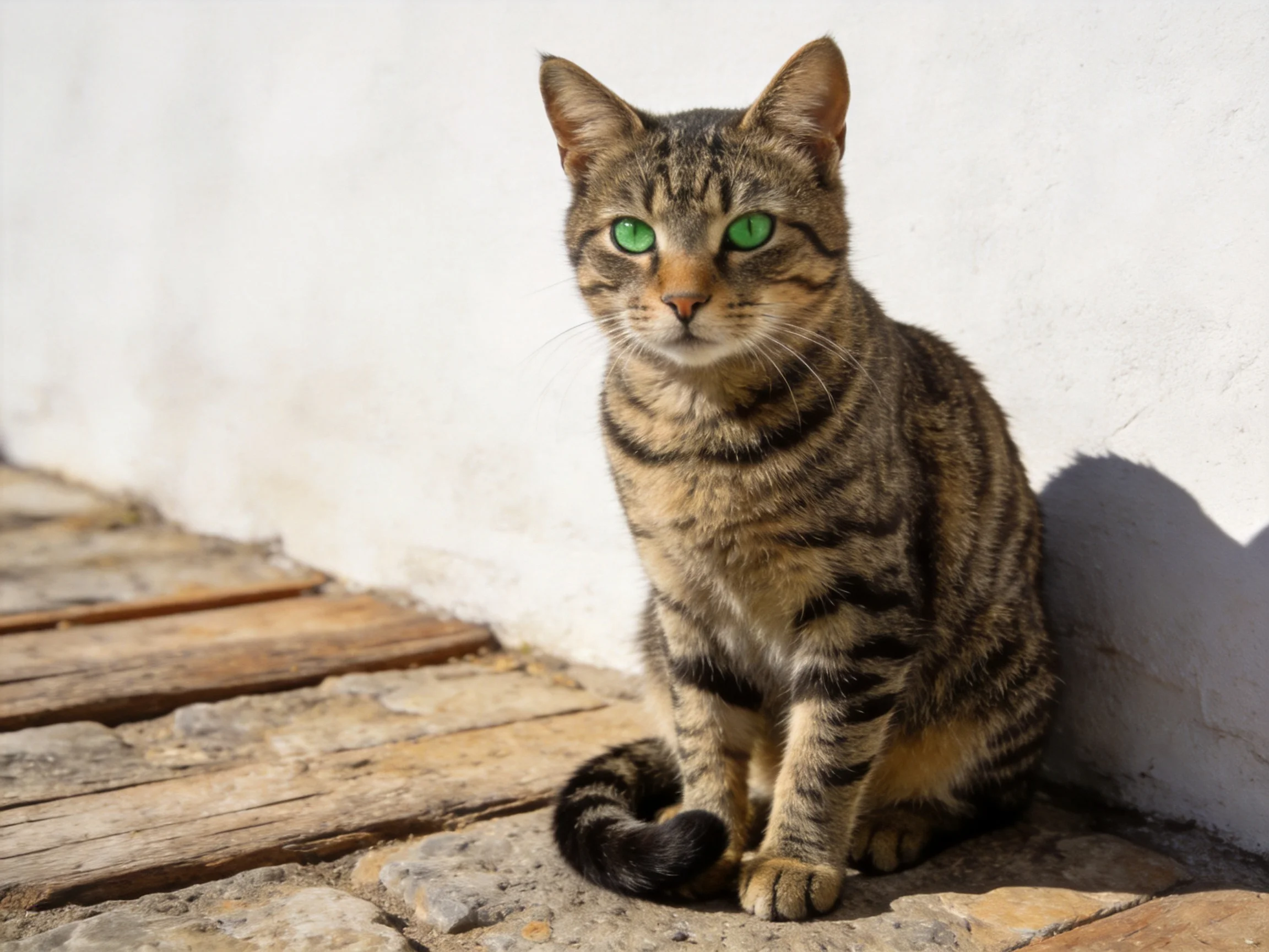 A tabby cat with green eyes rests near a white wall on stone pavement.