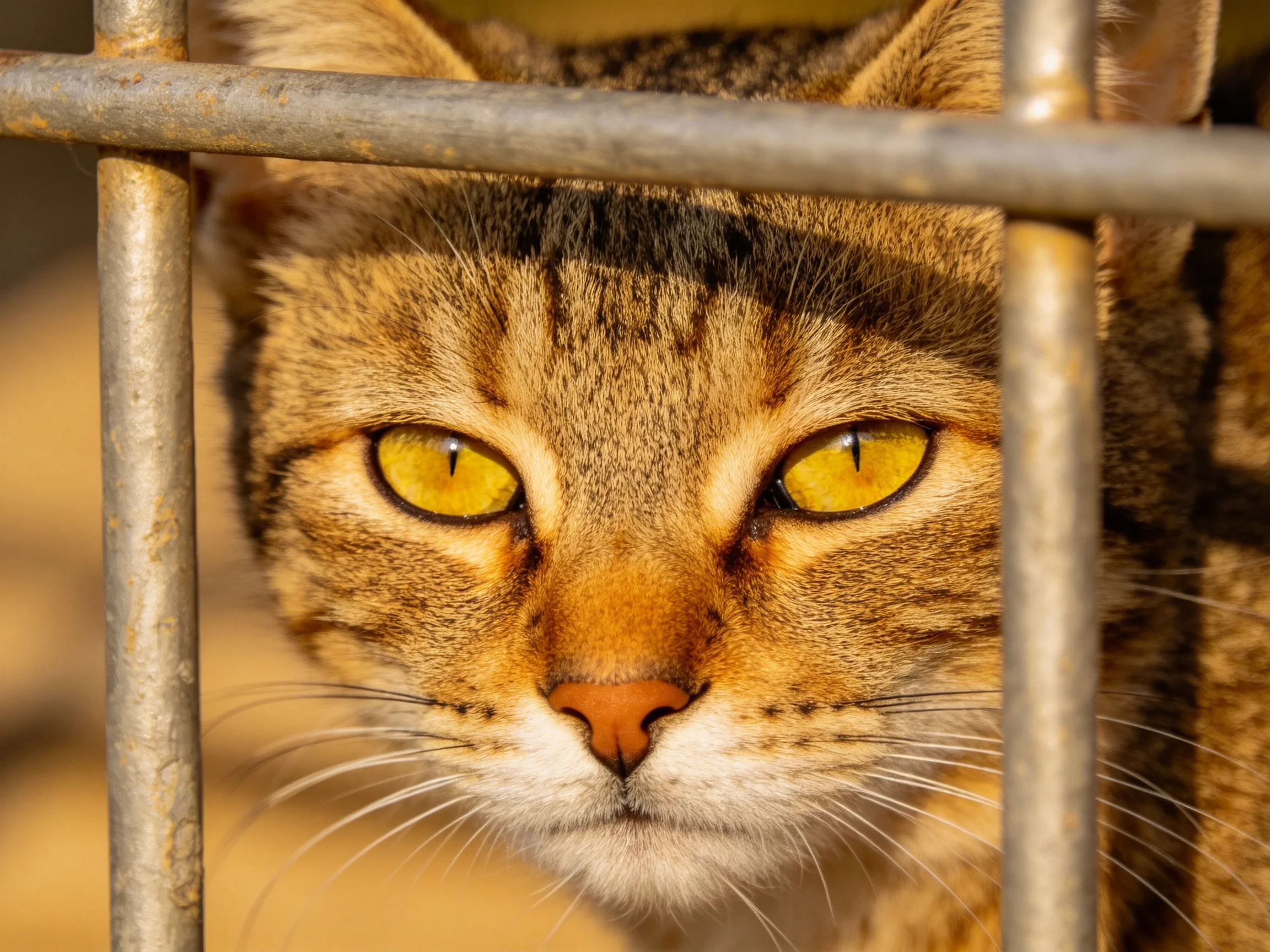 A tabby cat with yellow eyes looks out from behind metal bars.