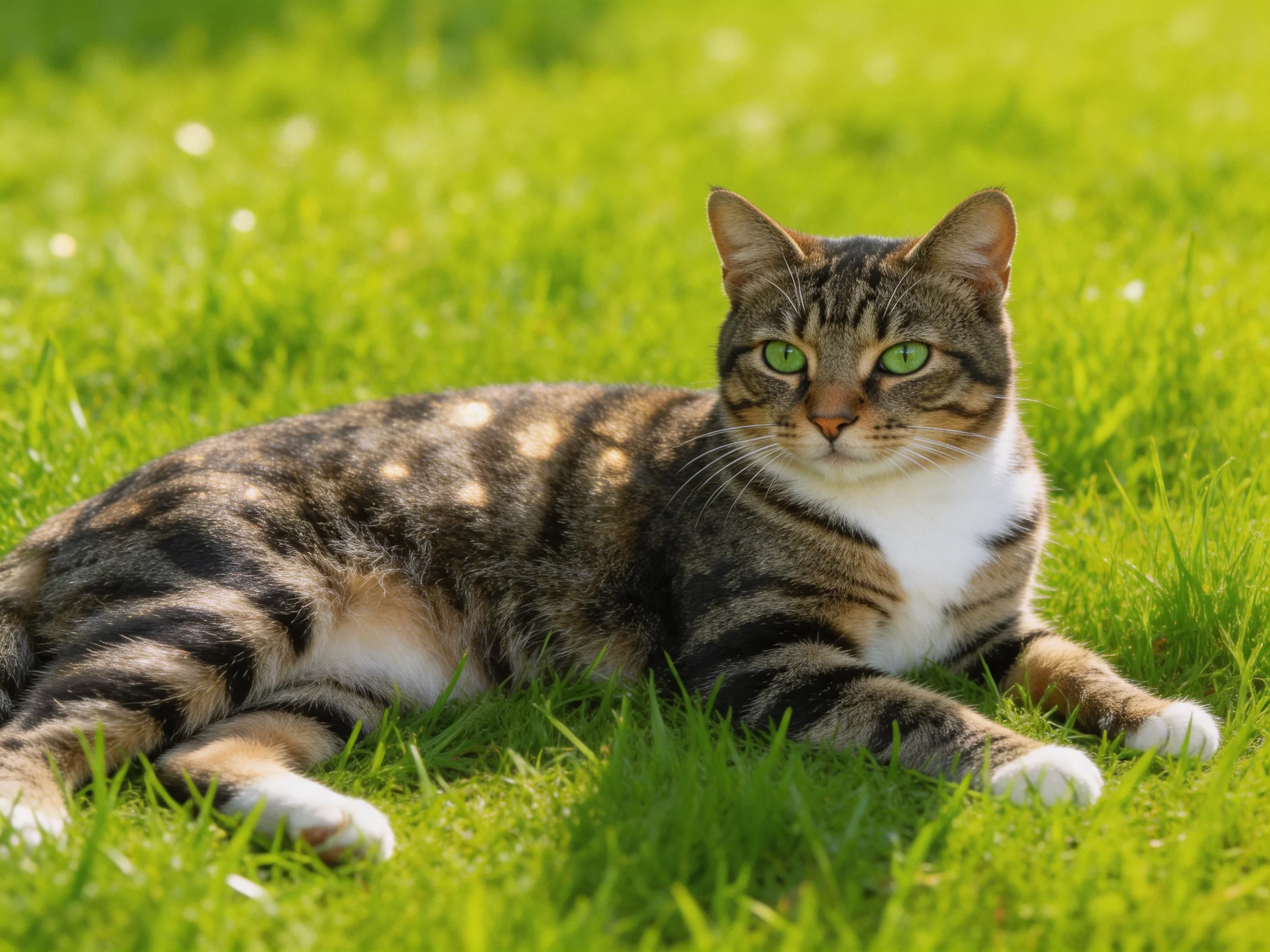 A tabby cat with green eyes lounges on lush green grass
