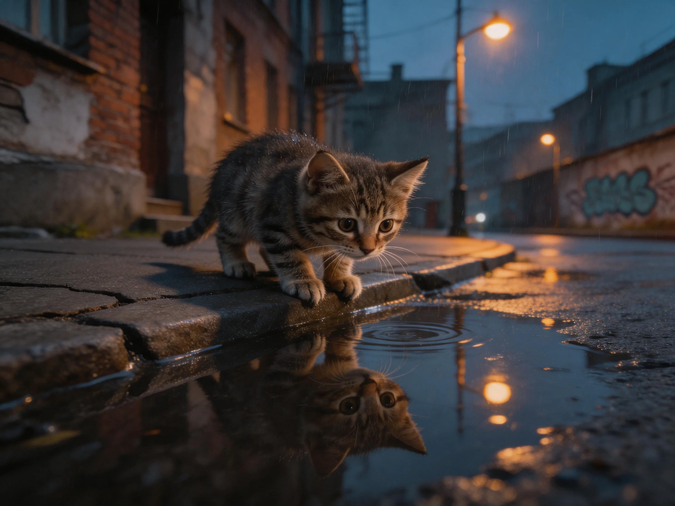 A tabby kitten inspects a puddle on a damp city street at twilight.