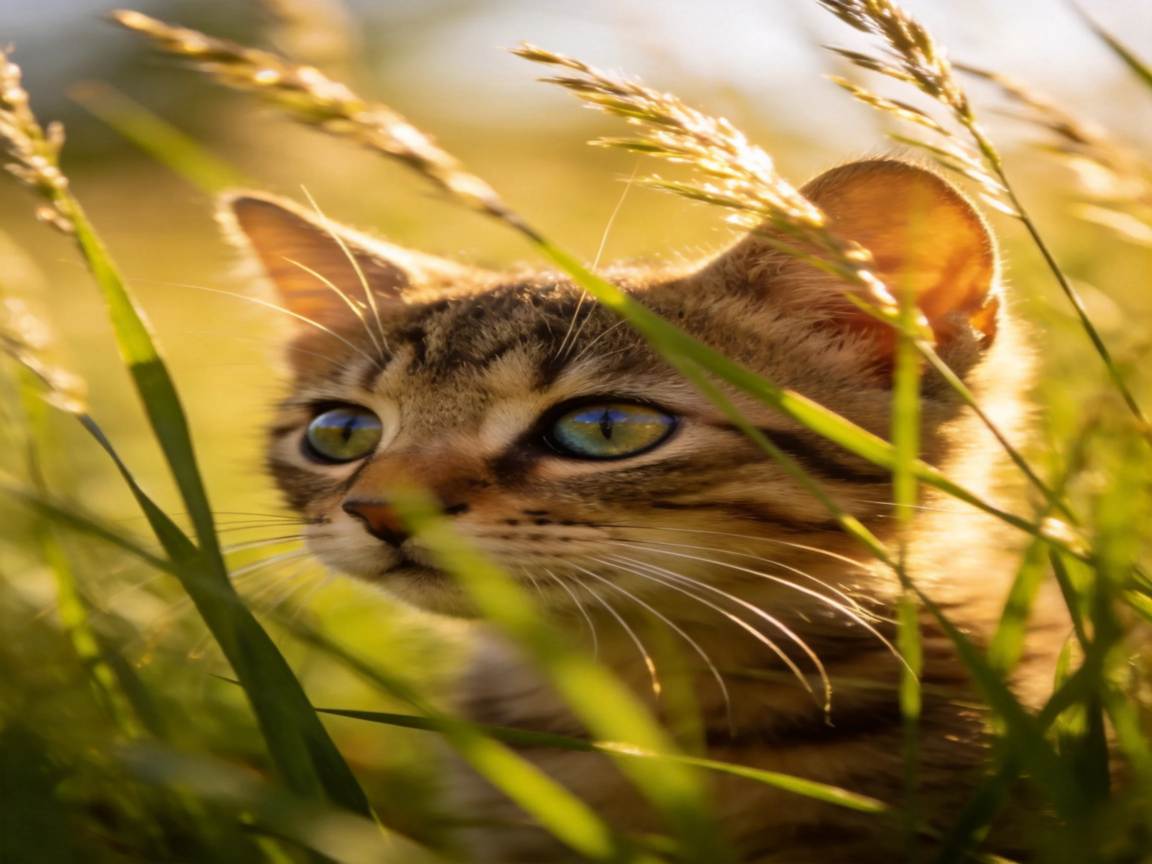 A tabby kitten with blue-green eyes hides amid tall golden grass blades.