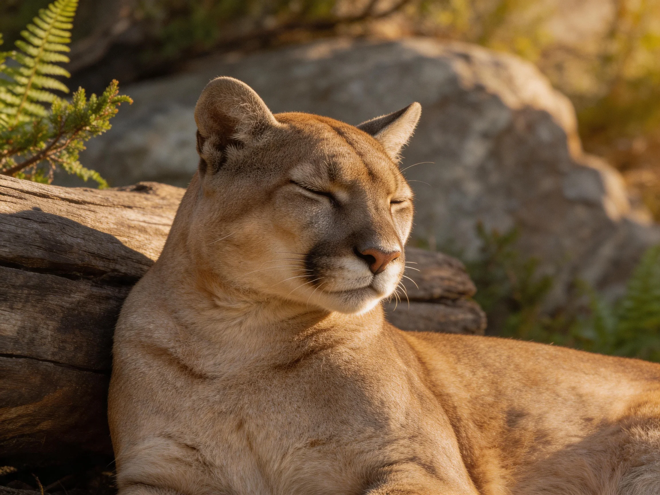 A tan cougar lounges by weathered logs near large rocks
