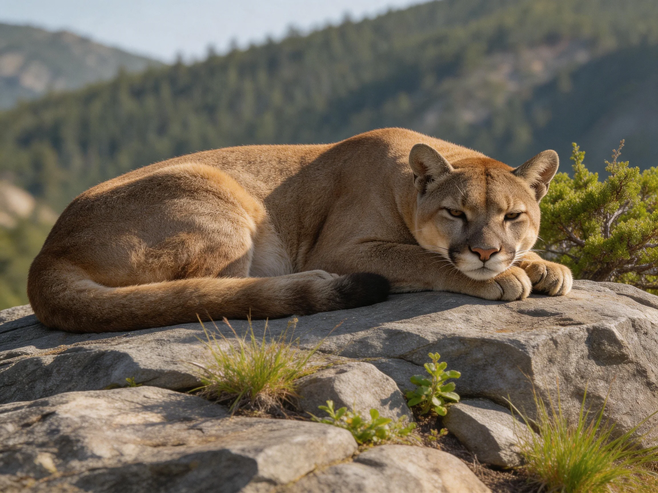 A tan cougar rests on a large gray rock among green shrubs and mountains