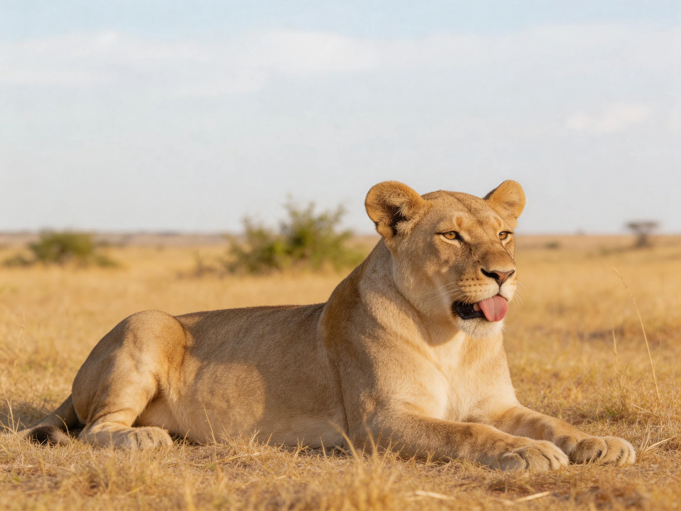 A tan lioness relaxes in the open savannah landscape.