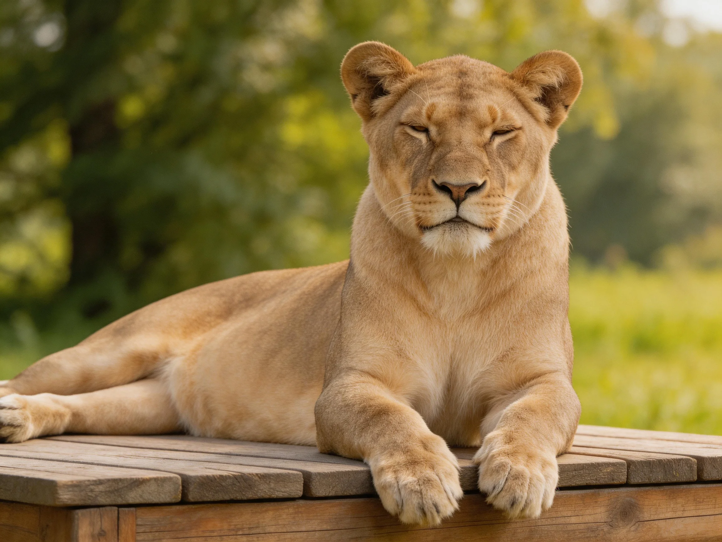 A tan lioness relaxes on a wooden platform amid lush greenery