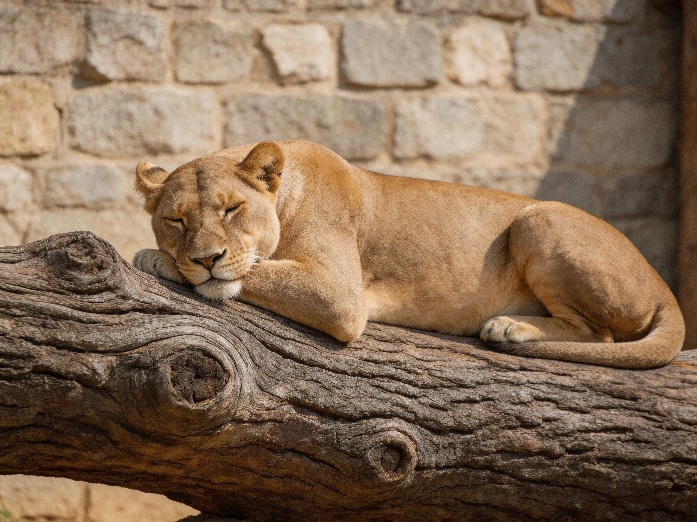 A lioness sleeps on a wooden log next to a stone wall