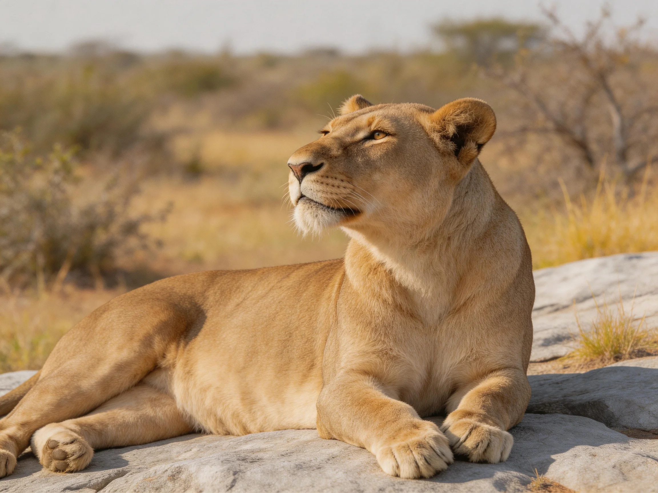 A tan lioness lies on a gray rock in the savannah landscape.