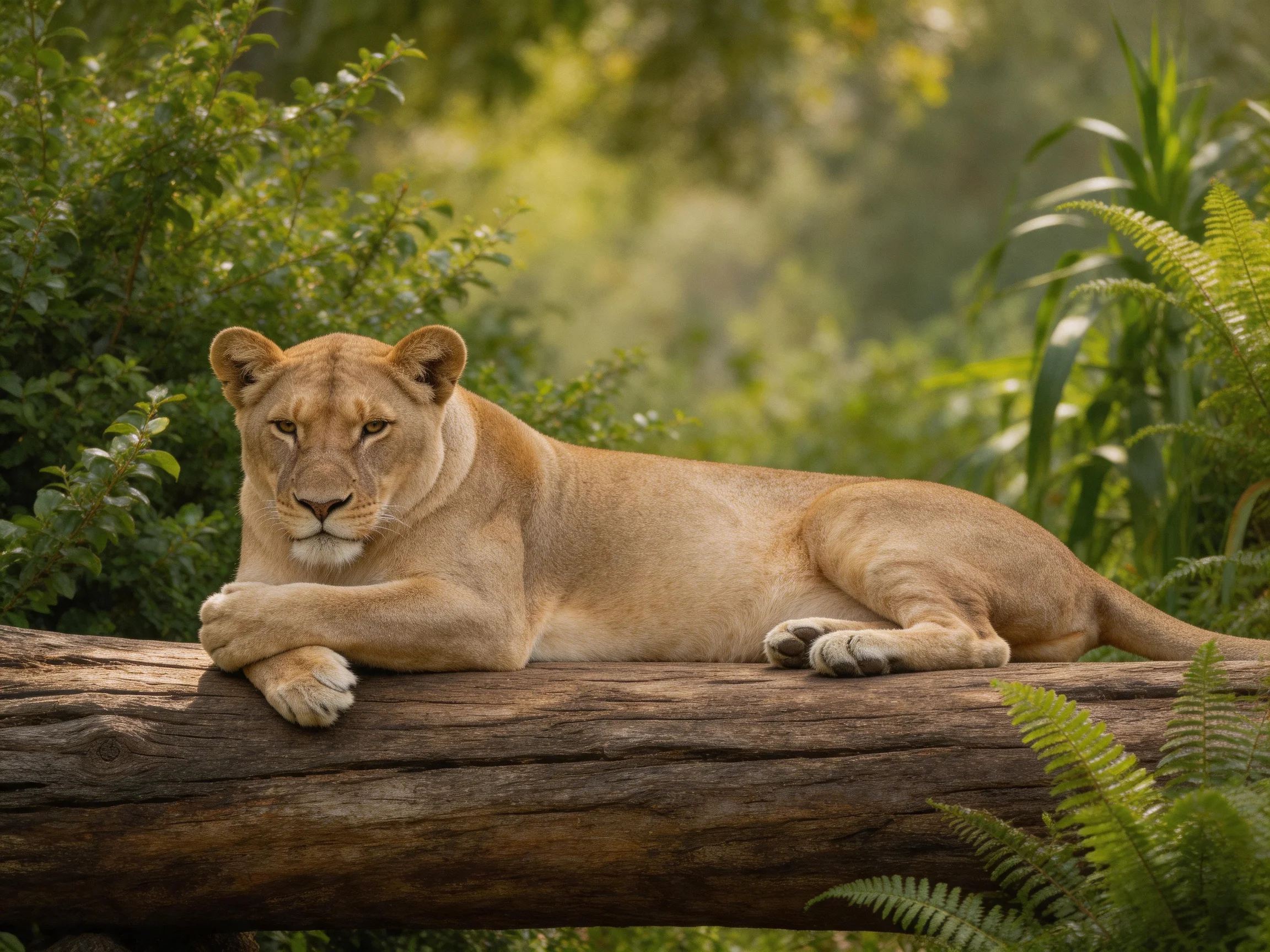 A lioness relaxes on a log surrounded by dense greenery.