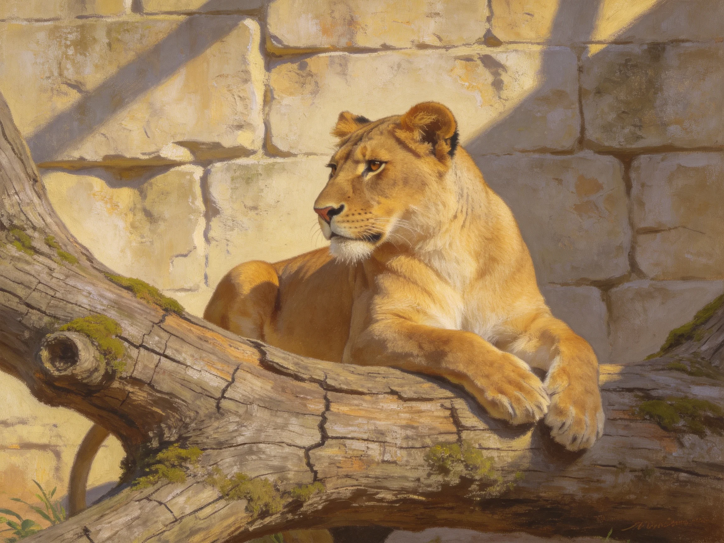 A tan lioness relaxes on a wooden branch near a stone wall.