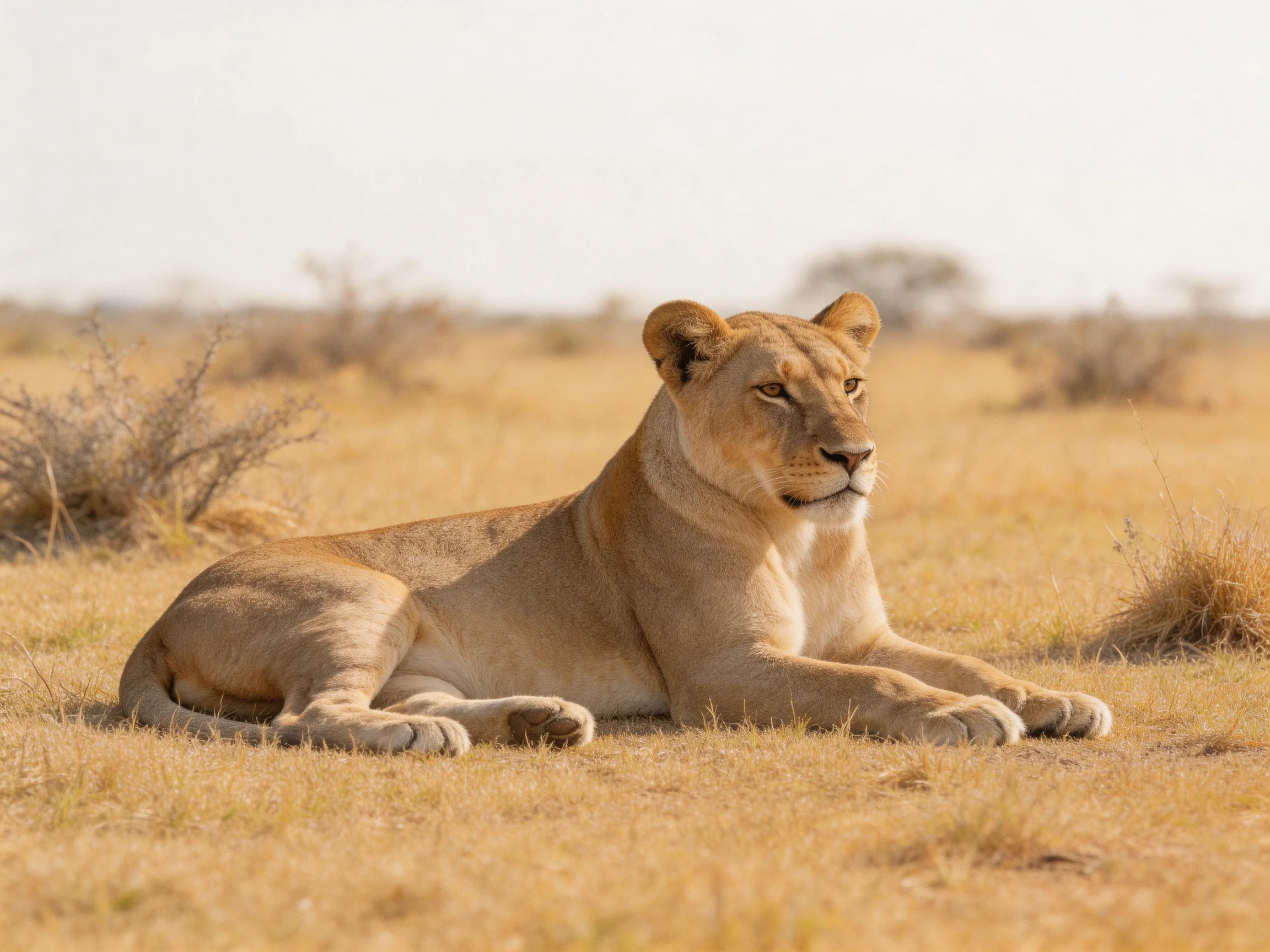 A lioness lies calmly on dry savannah grass.
