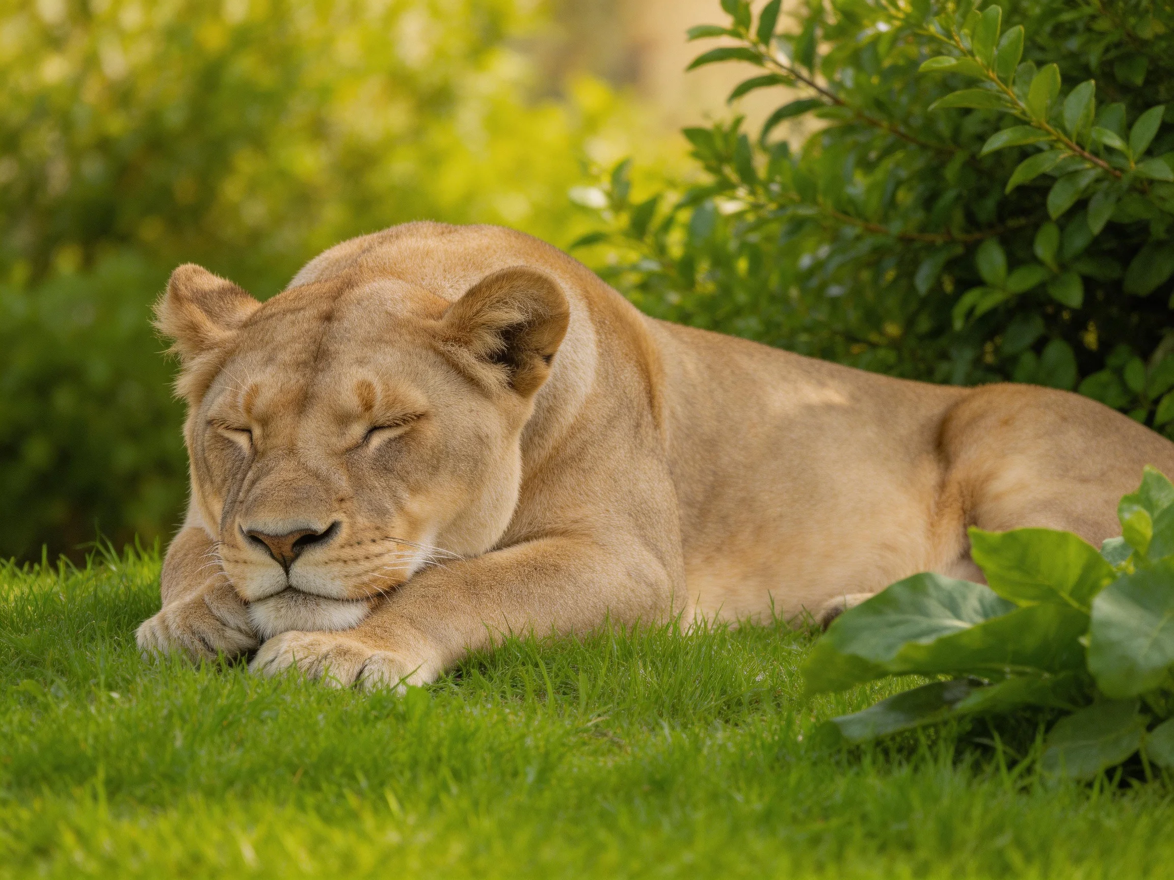 A tan lioness relaxes on green grass in a leafy environment.