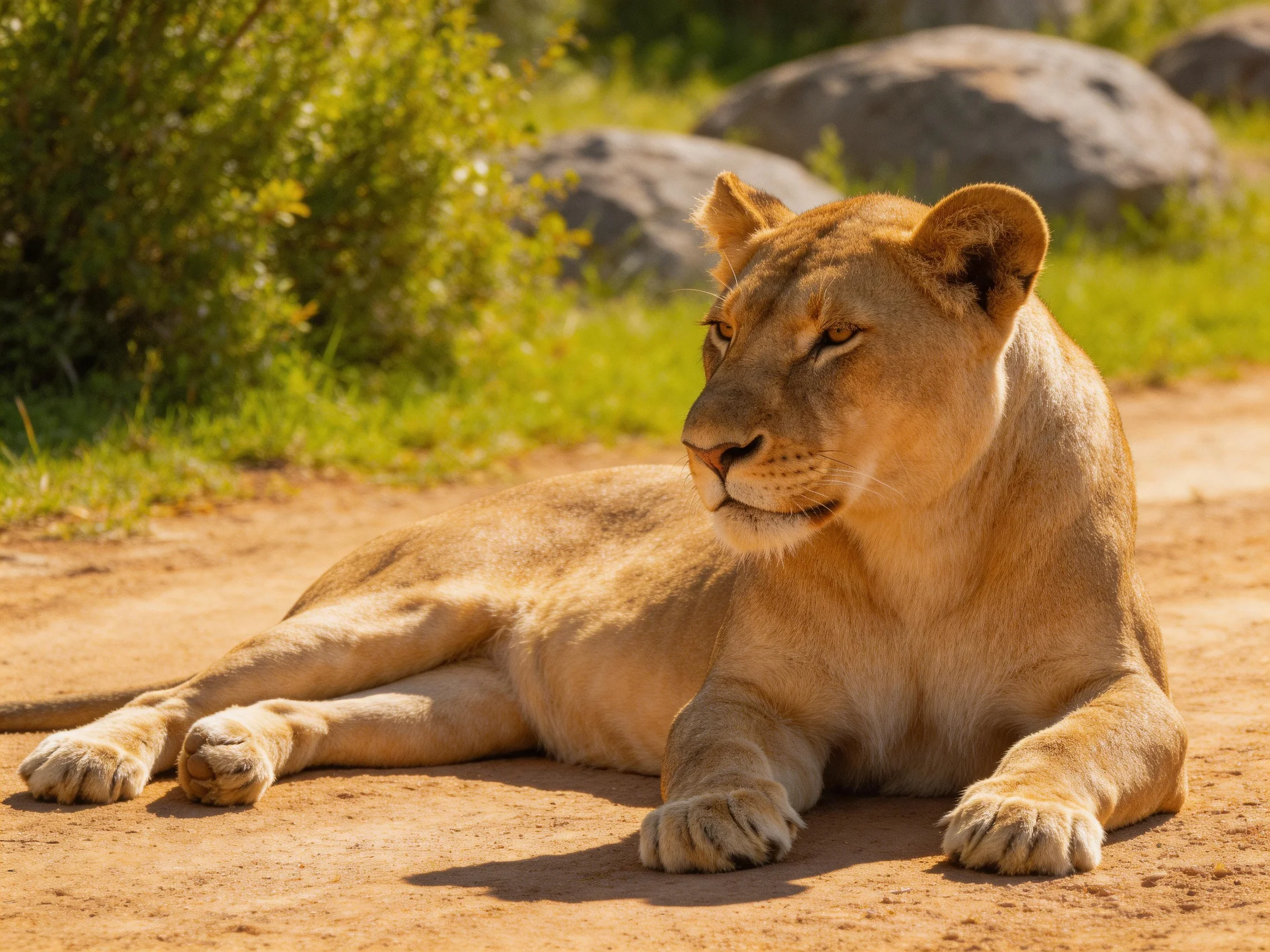 A tan lioness rests on sandy ground near green bushes and rocks