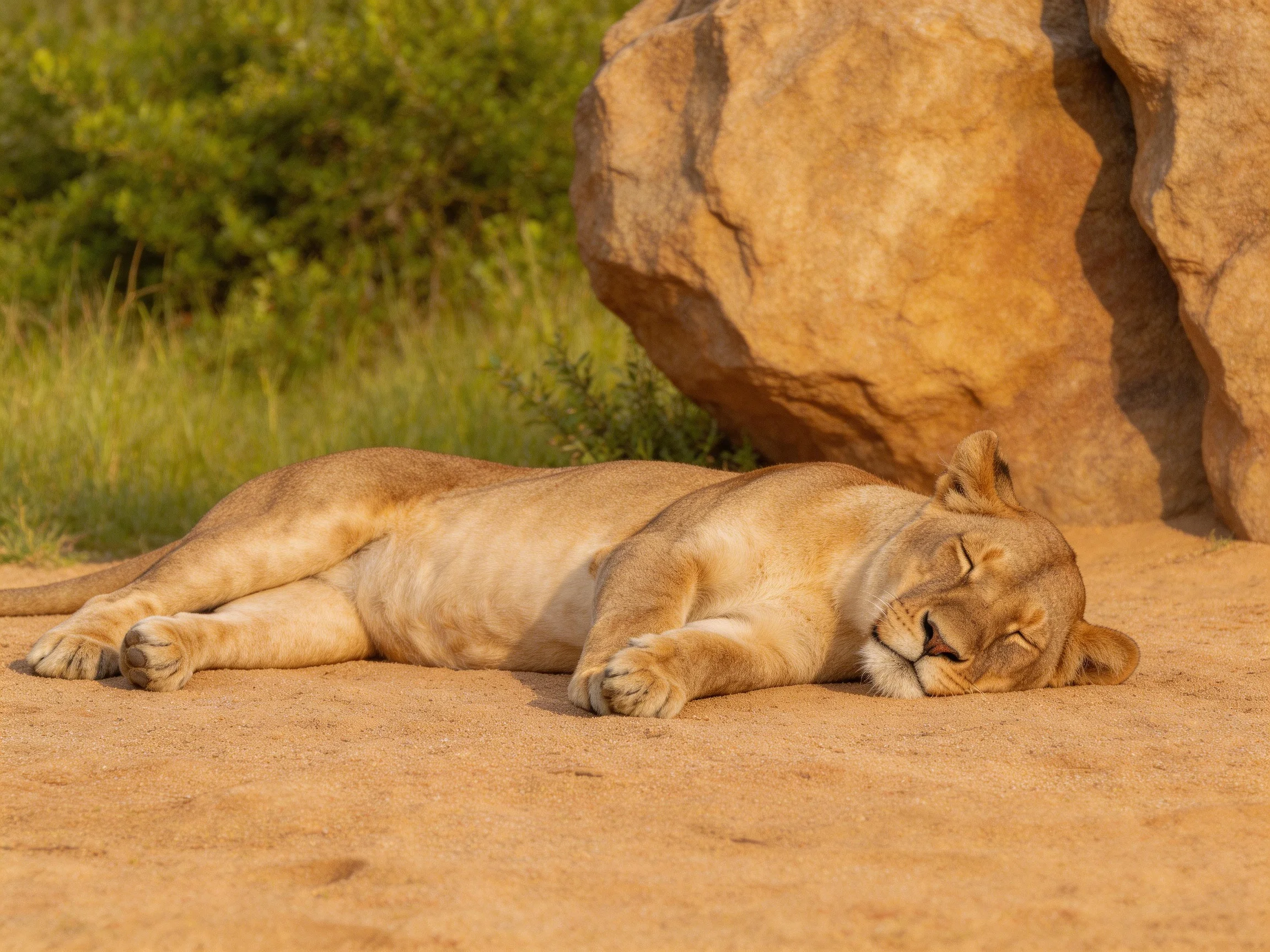 A tan lioness rests on sandy terrain beside large brown rocks