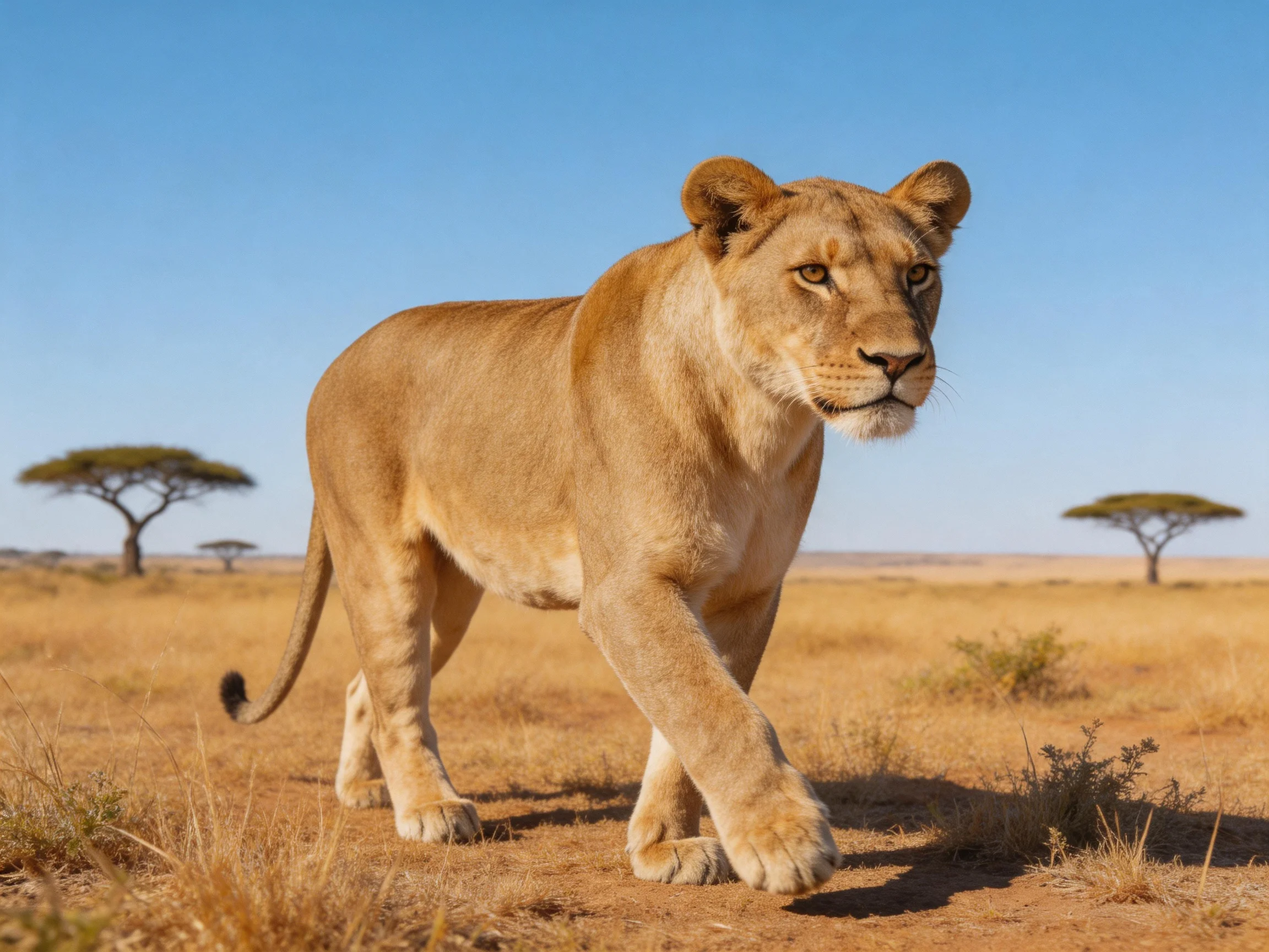 A tan lioness roams a golden savannah landscape.