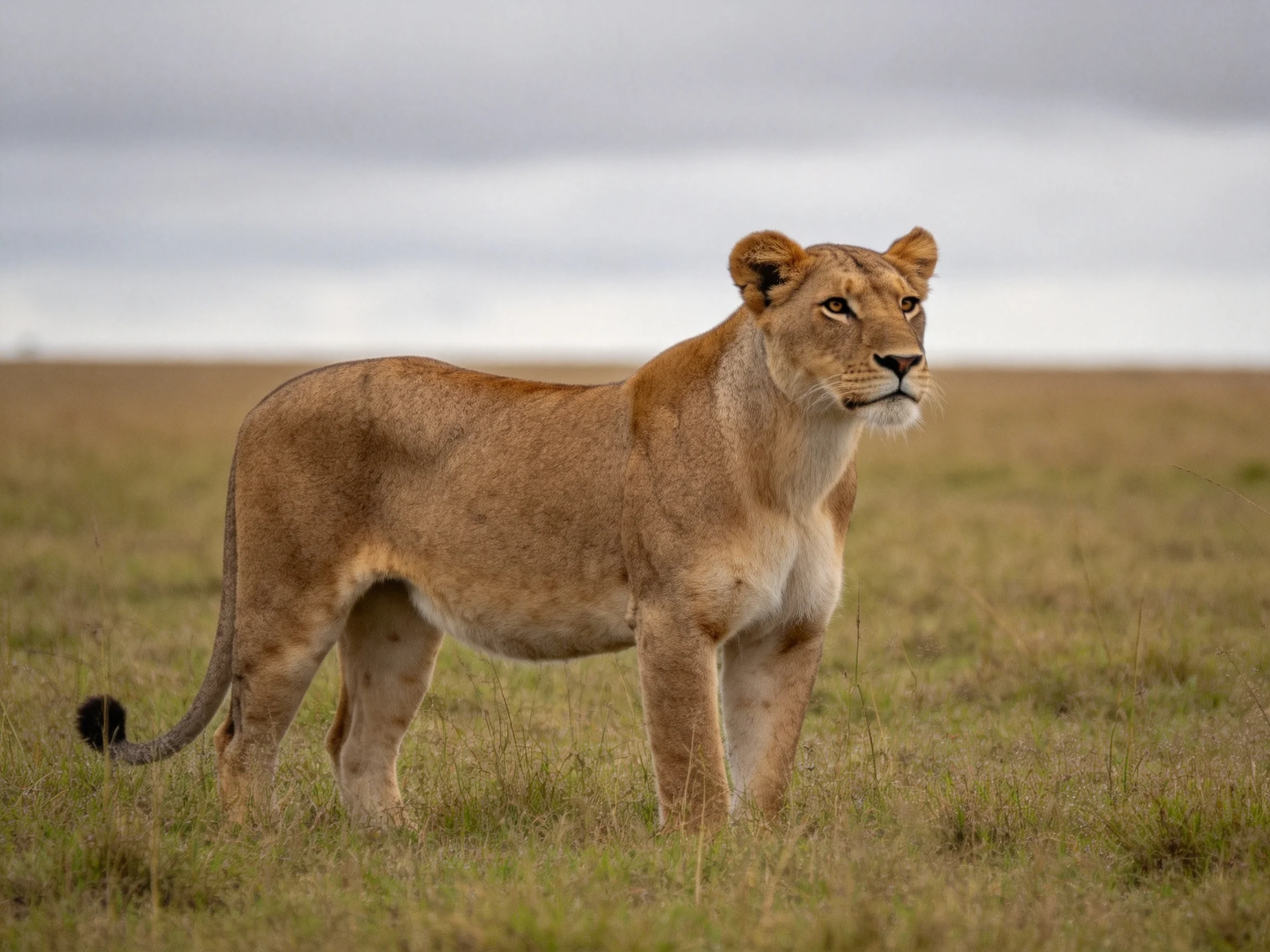 A tan lioness stands alertly in a vast savannah.