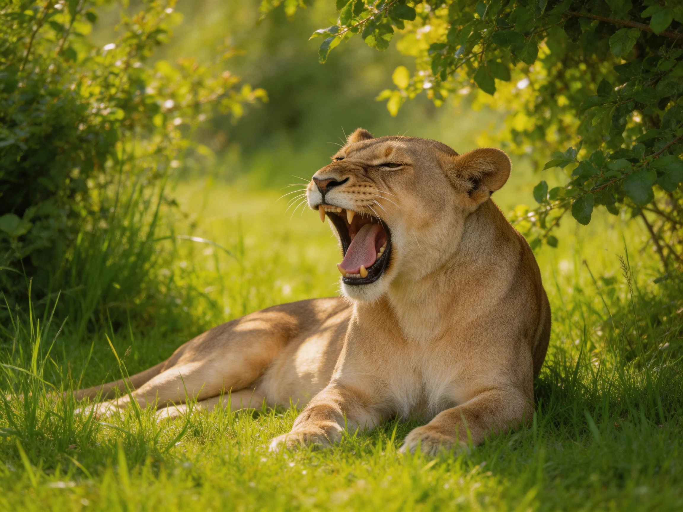 A tan lioness yawns on lush green grass beneath leafy trees