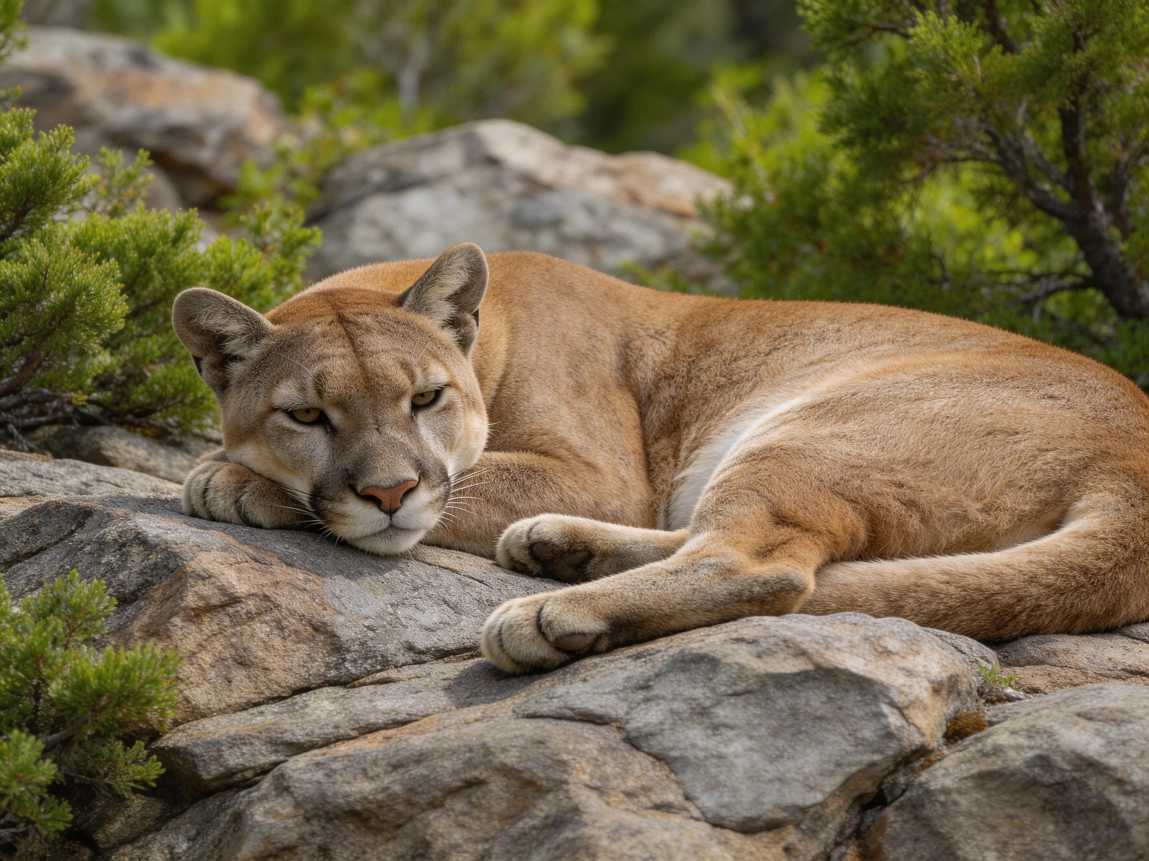 A tawny cougar rests on large, textured rocks among green shrubbery