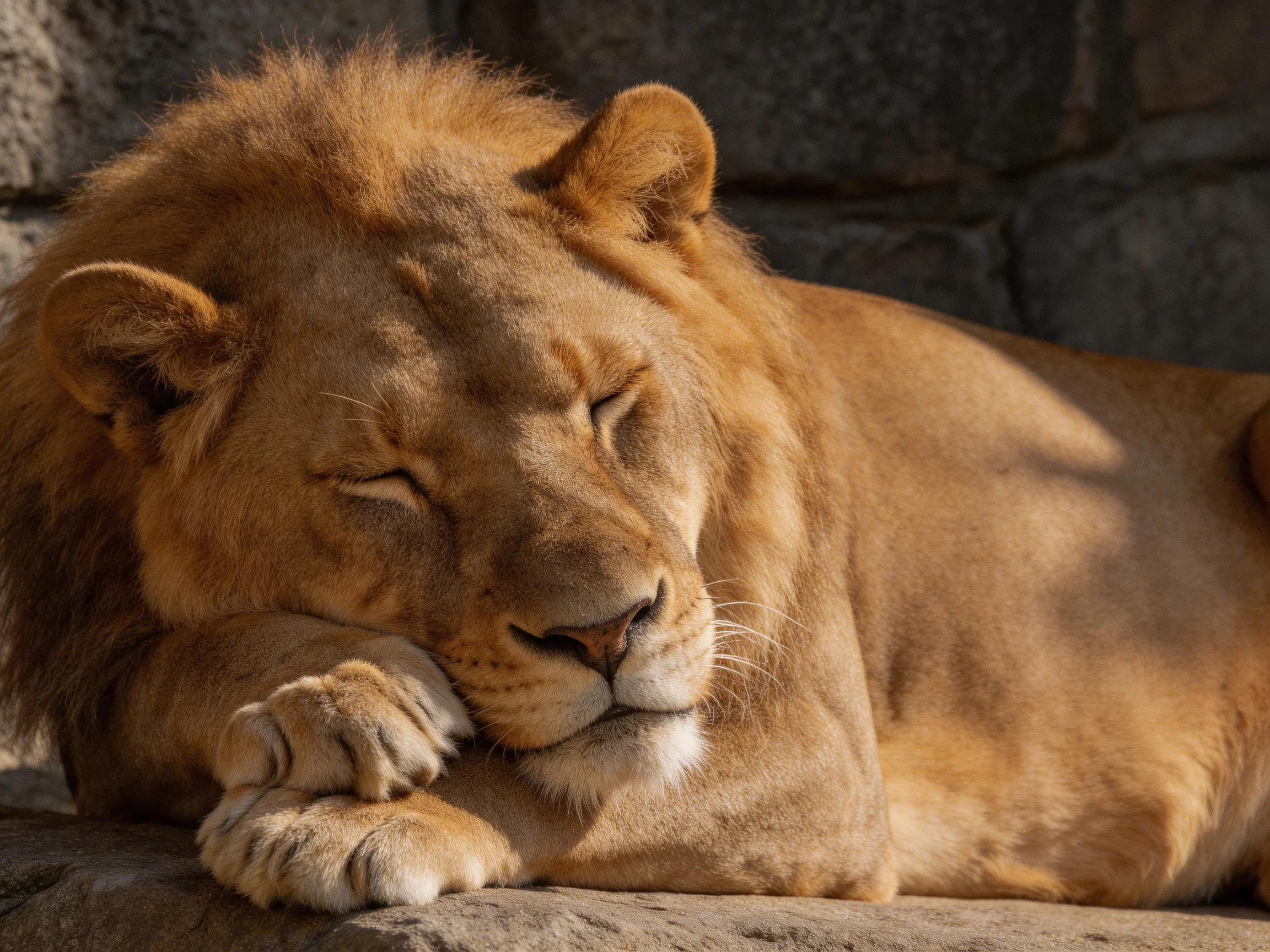A tawny lion rests peacefully near a stone wall.