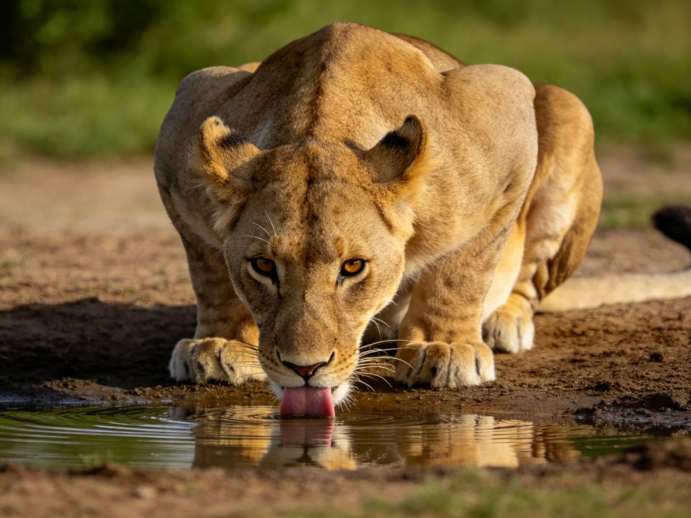 A lioness drinks from a waterhole in a sunlit natural setting.