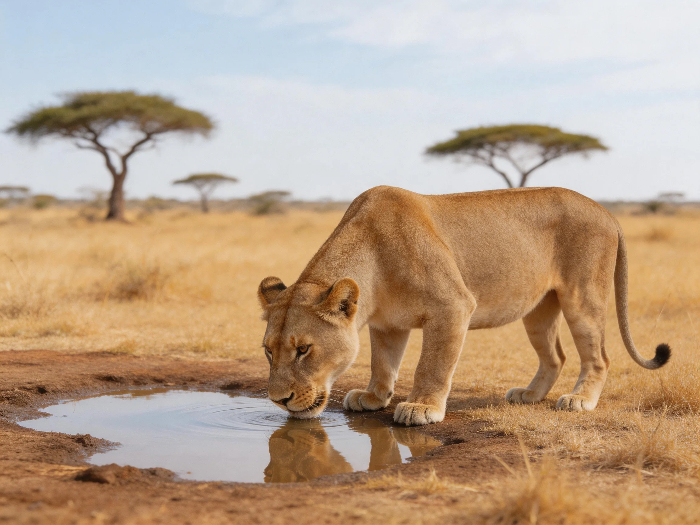 A tawny lioness drinks from a water pool in the savannah.