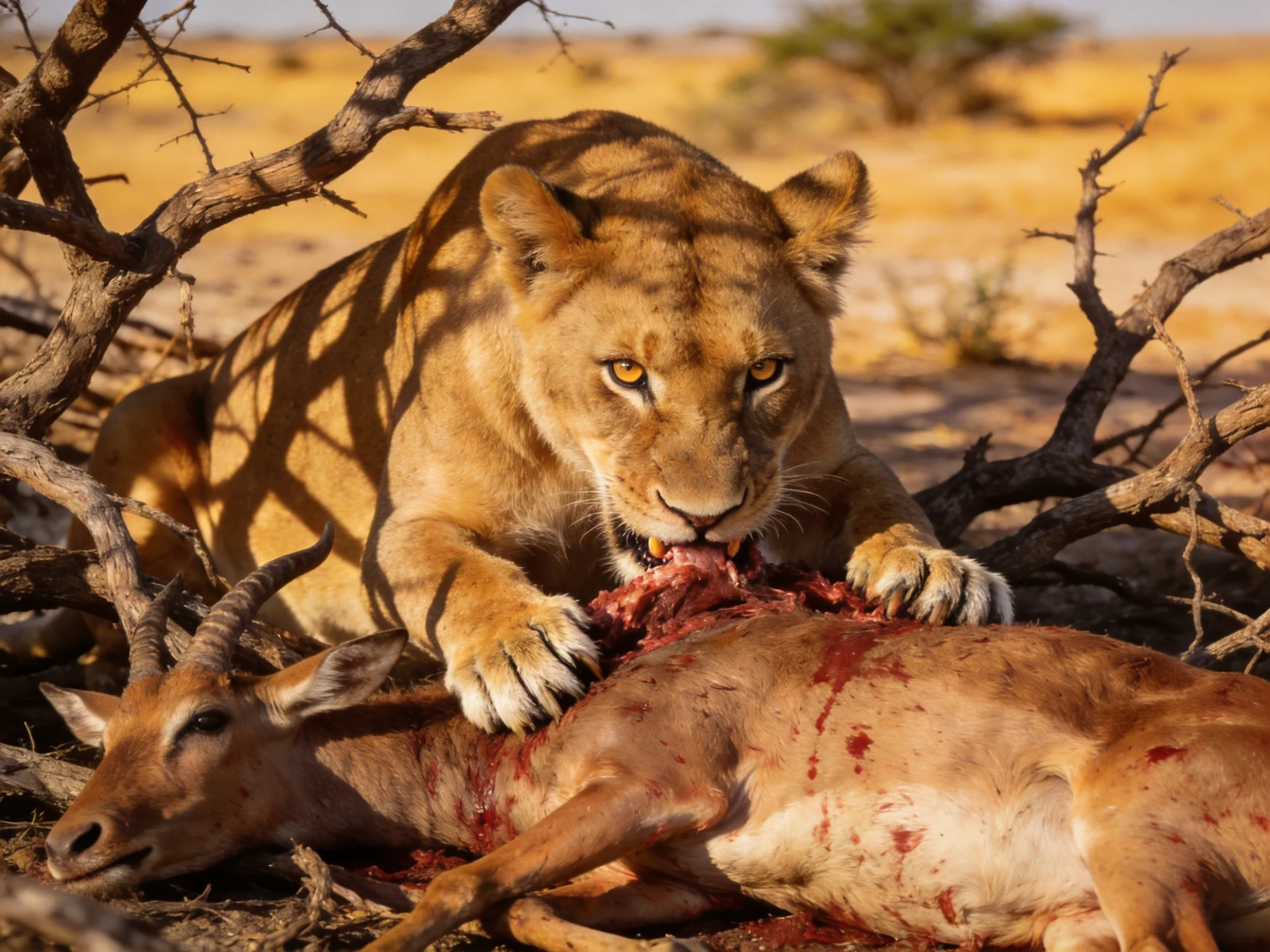 A lioness feeds on an antelope in a dry, open landscape.