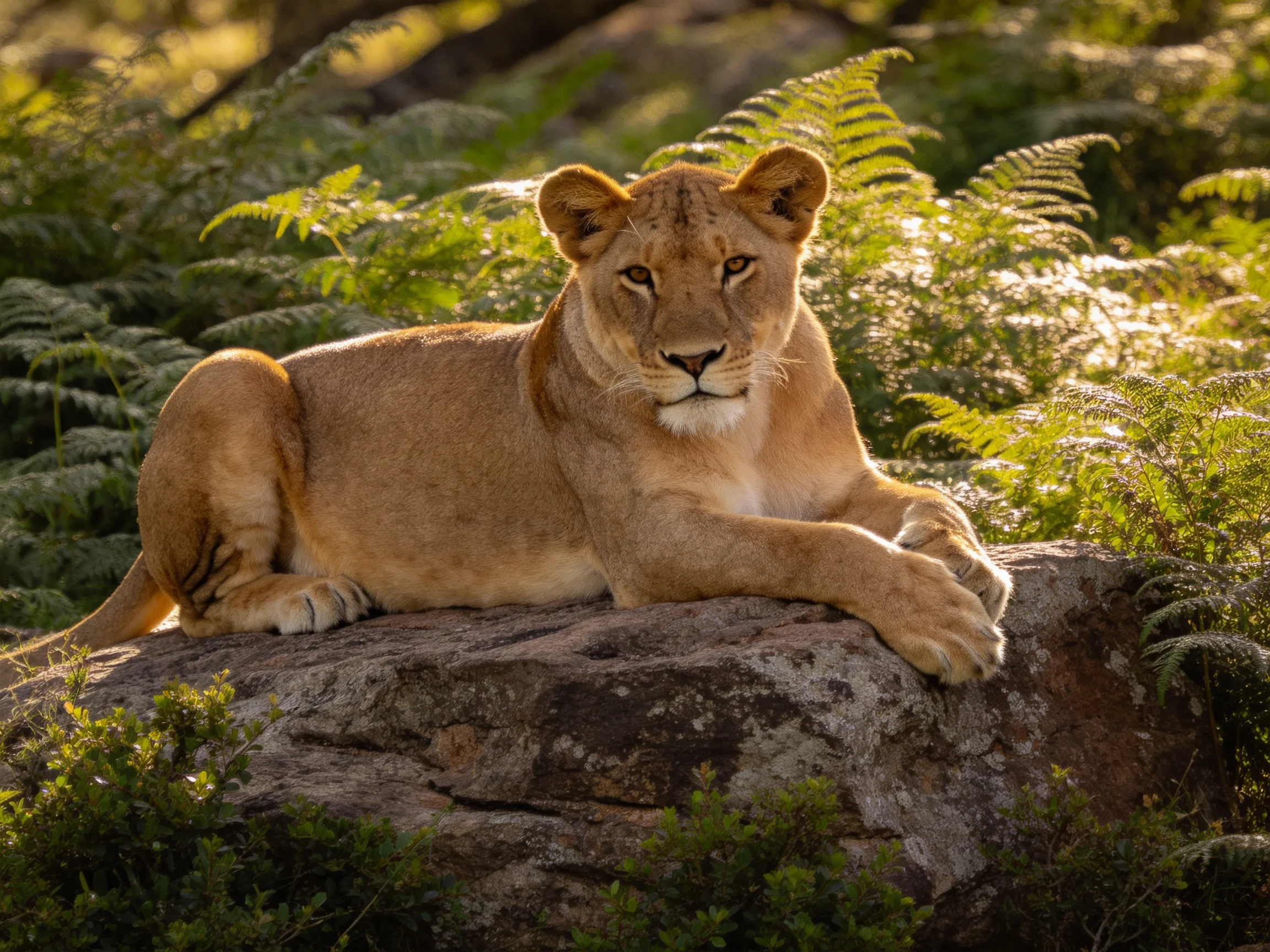 A tawny lioness reclines on a rocky outcrop with lush ferns