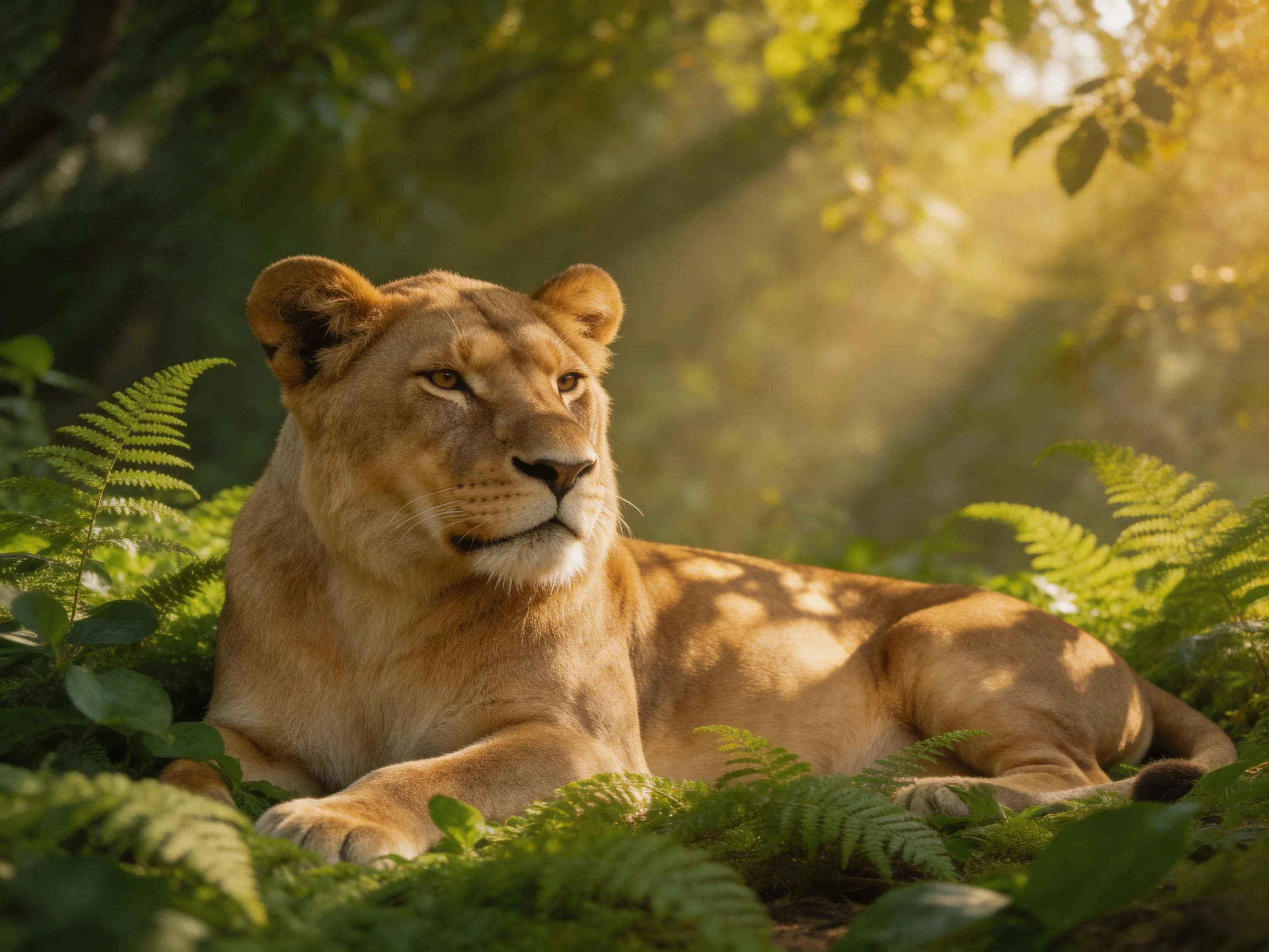A tawny lioness lies among ferns in a sunlit woodland area