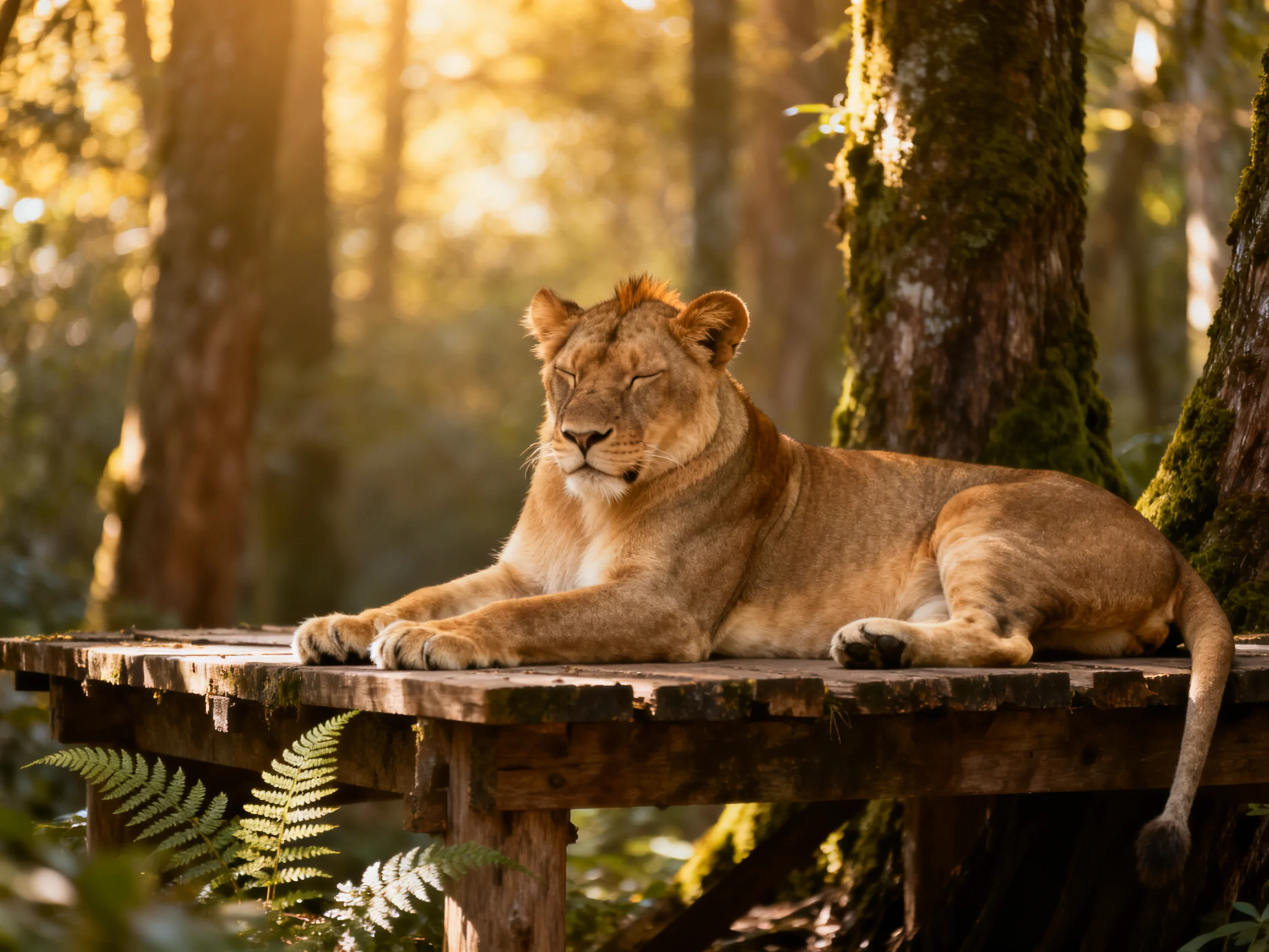 A tawny lioness rests on a wooden platform in a sunlit forest.