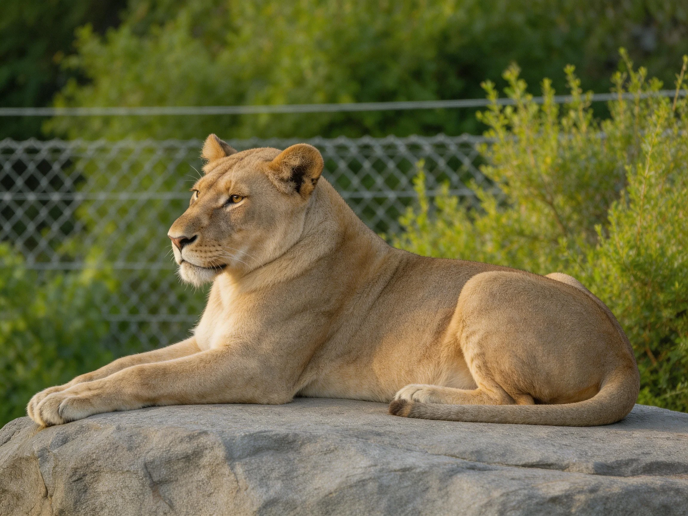 A tawny lioness rests on a large gray rock amid greenery.