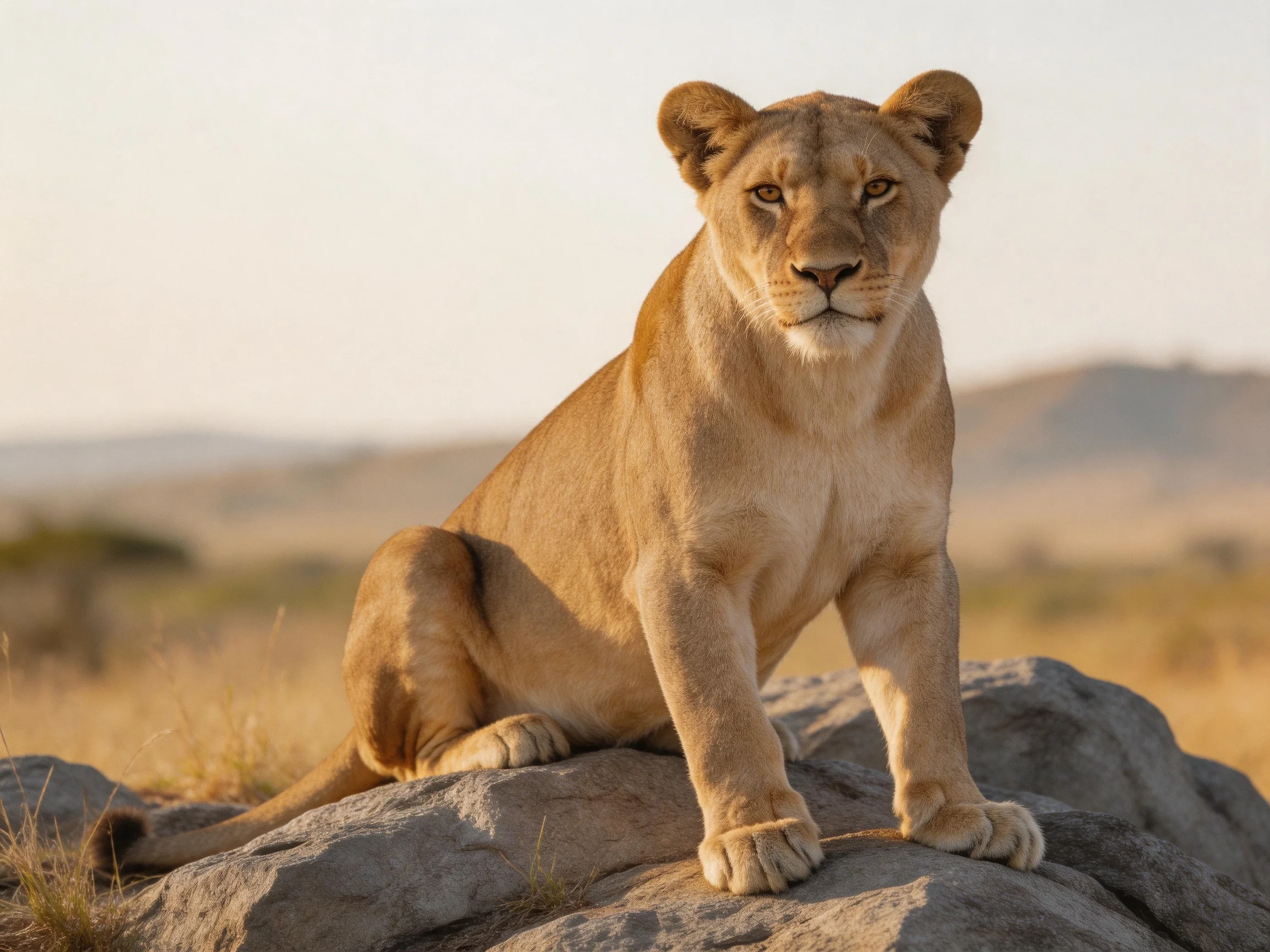 A tawny lioness sits alertly on a large rock amidst a sunlit savannah landscape.