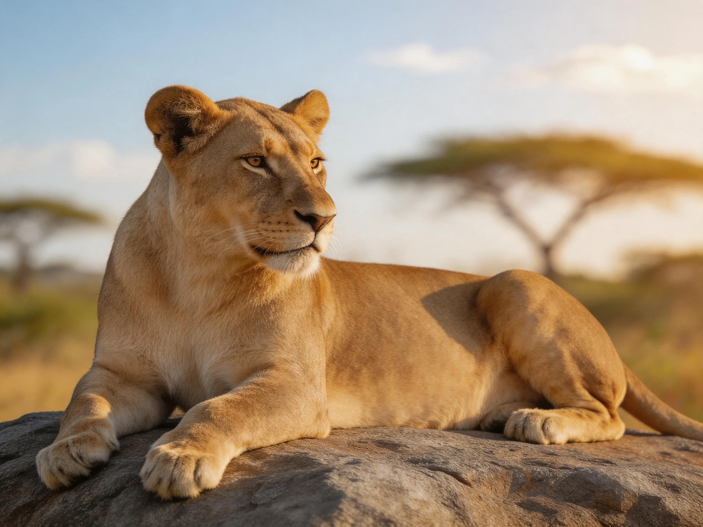 A tawny lioness relaxes on a large rock amid a sunlit savannah