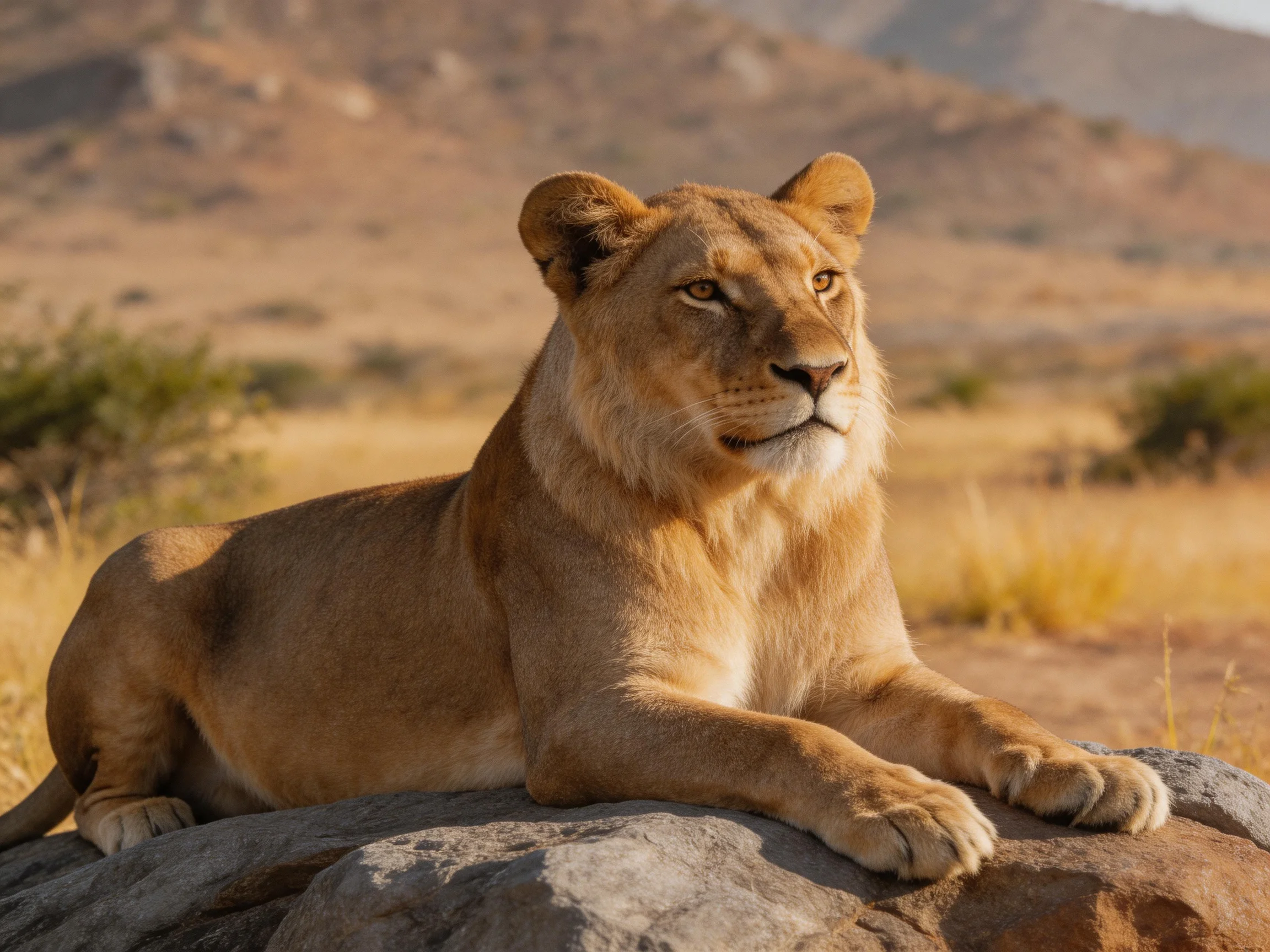 A tawny lioness relaxes on a rock in an arid environment