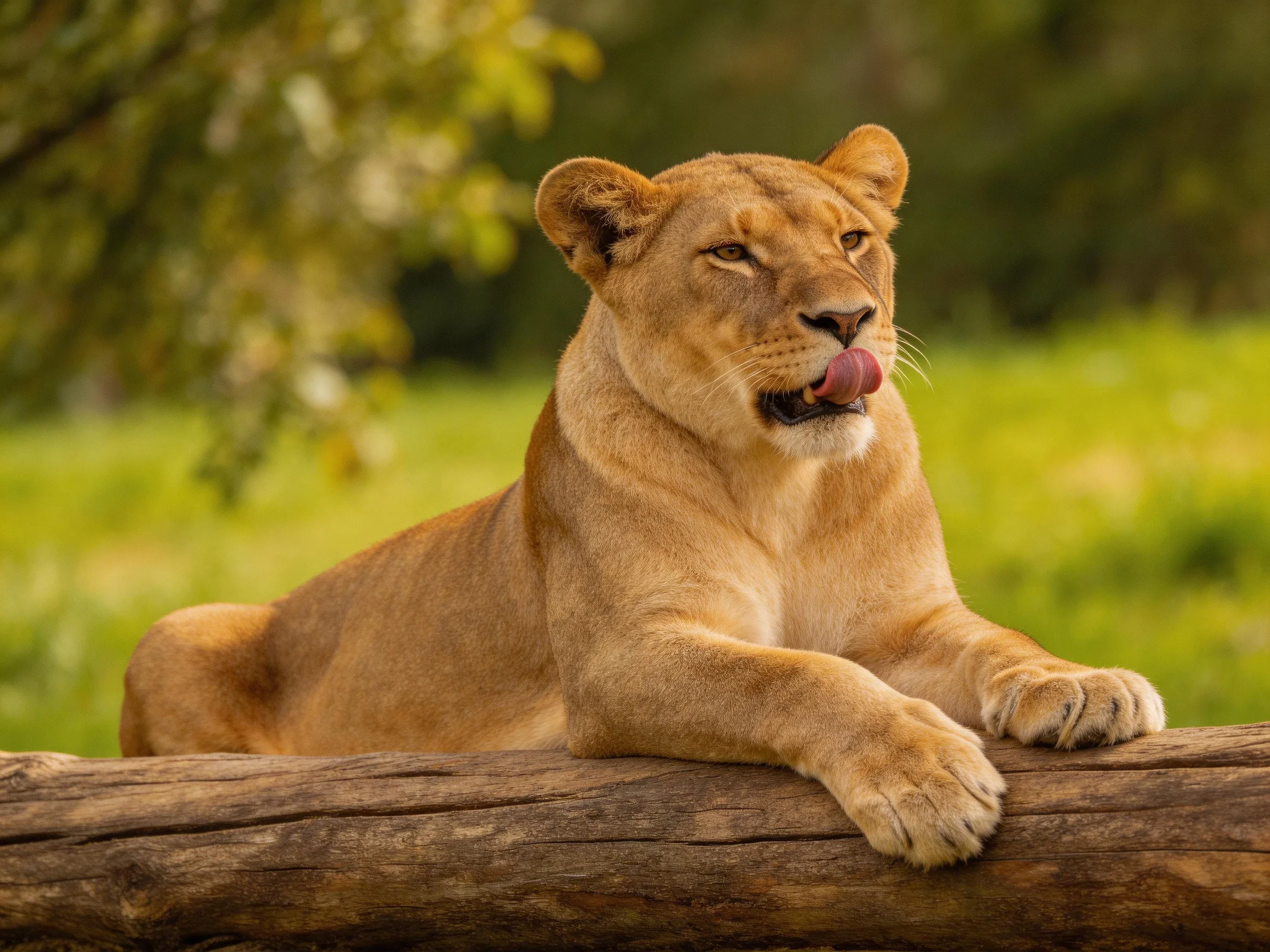 A tawny lioness relaxes on a log in a sunlit green space.