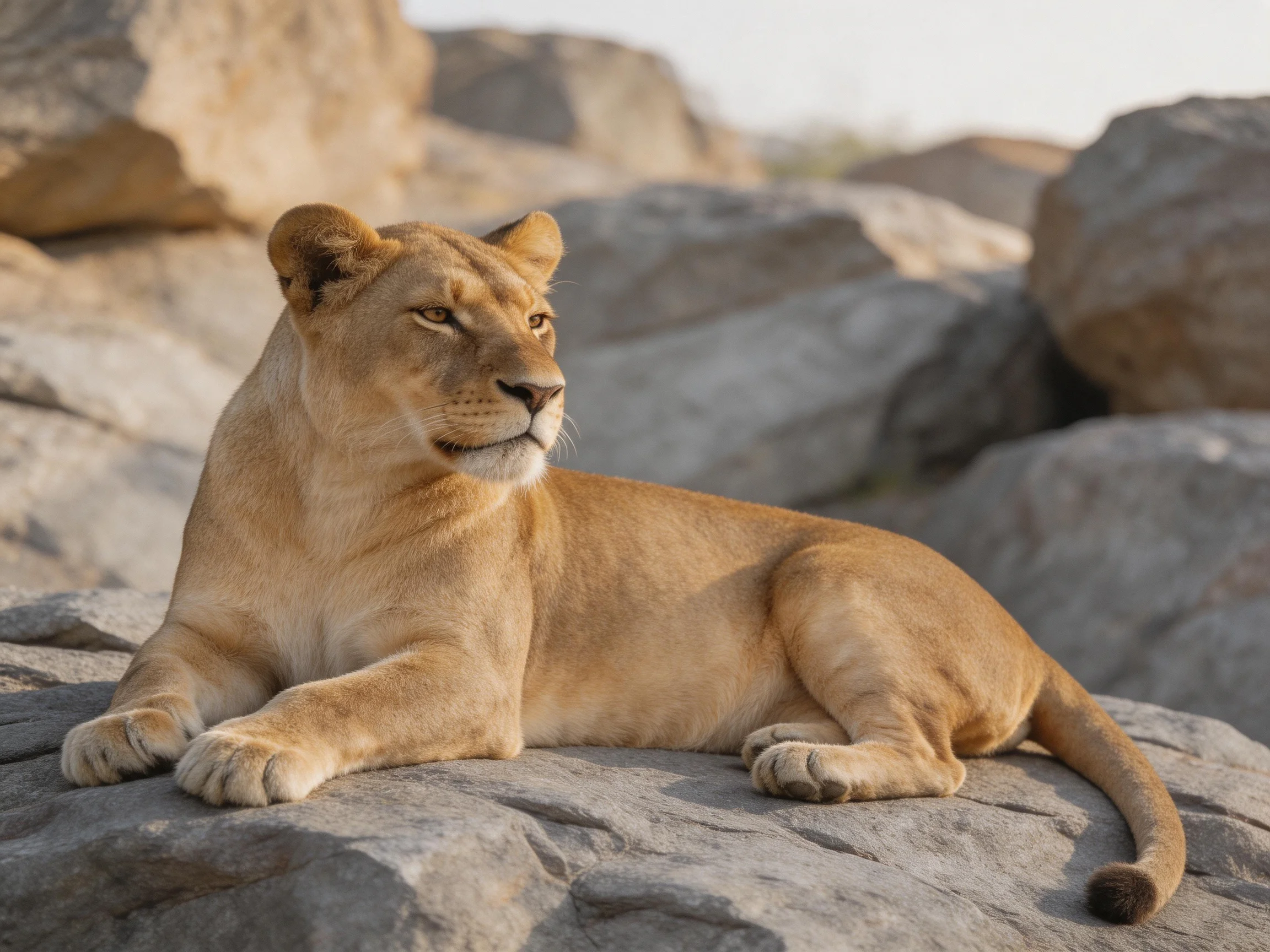 A tawny lioness rests on large gray rocks in an outdoor environment.