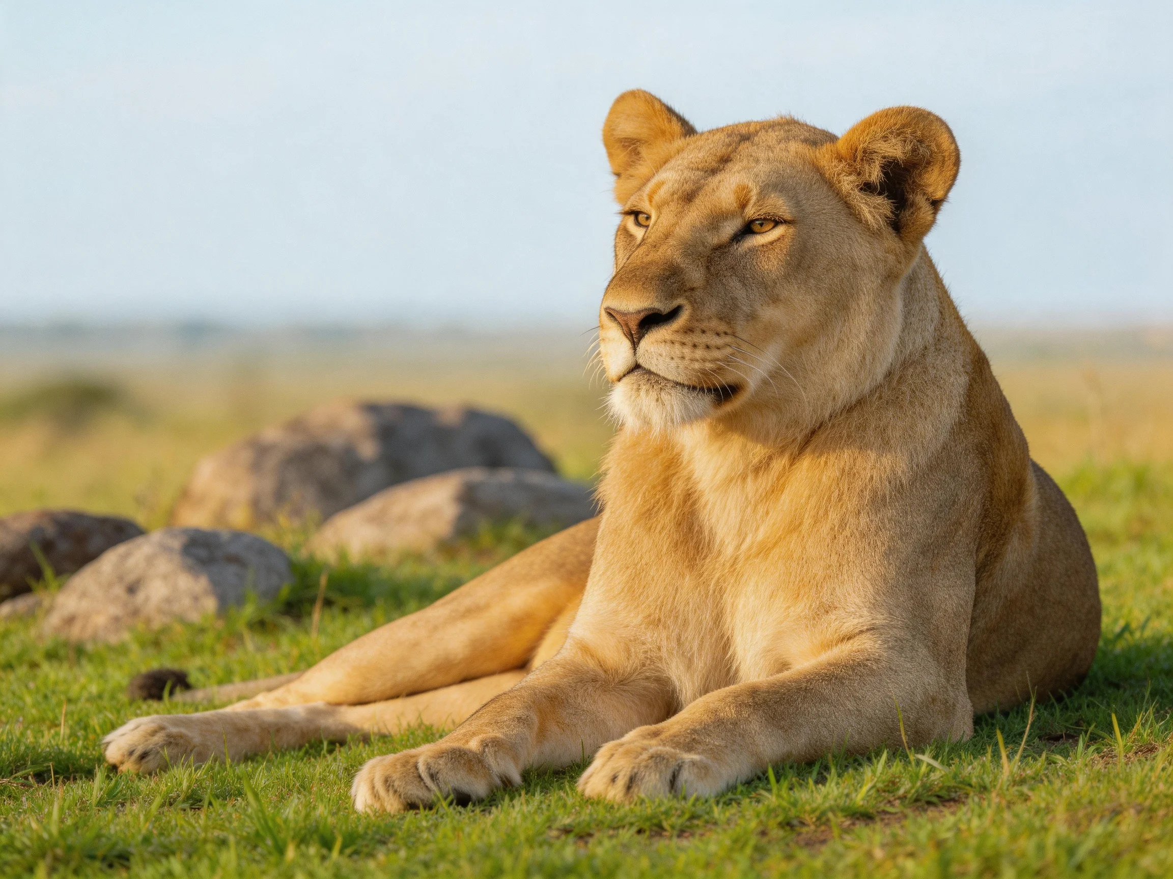 A tawny lioness rests calmly on grass with rocks nearby