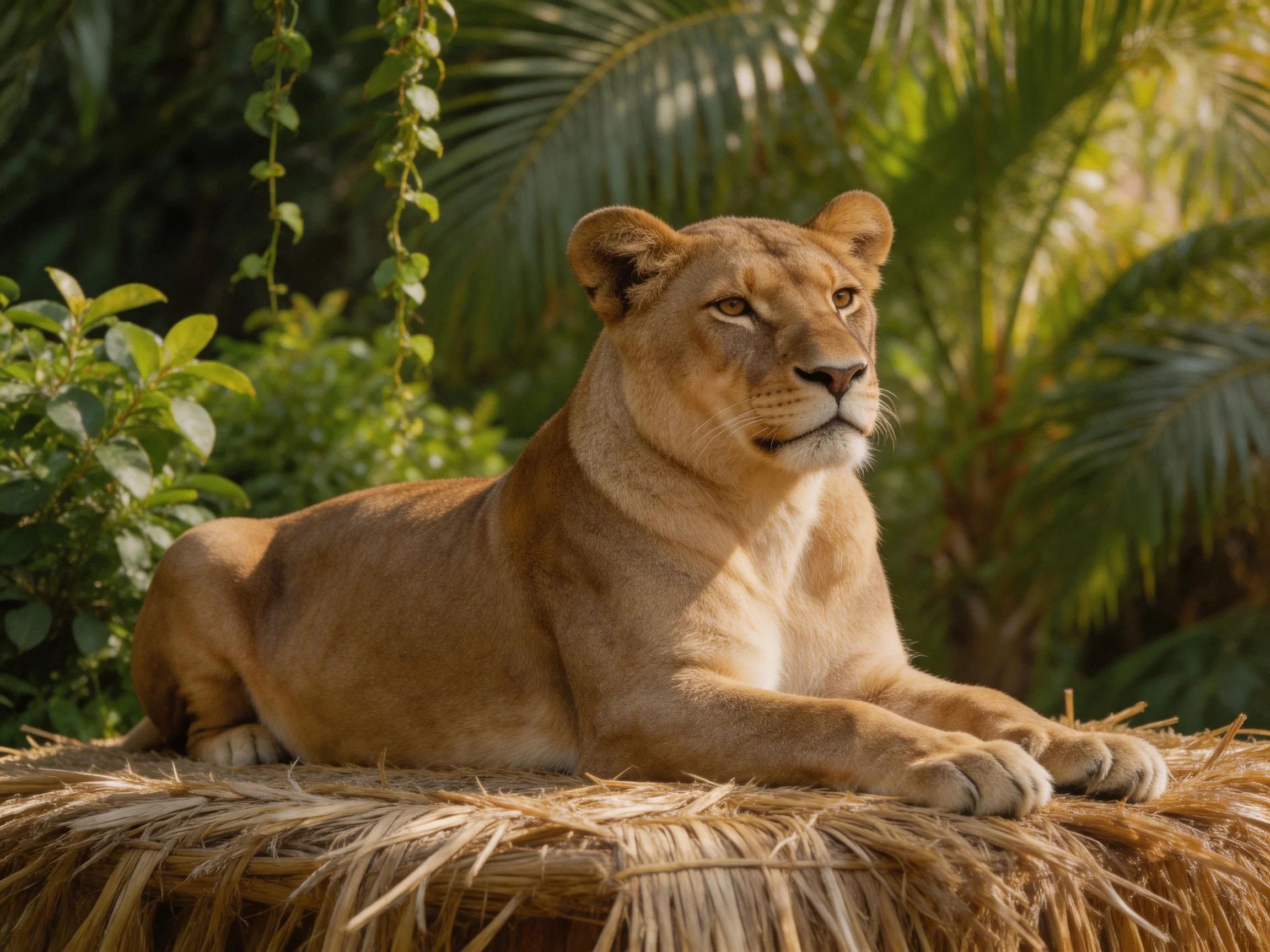 A tawny lioness rests on straw amid lush tropical vegetation