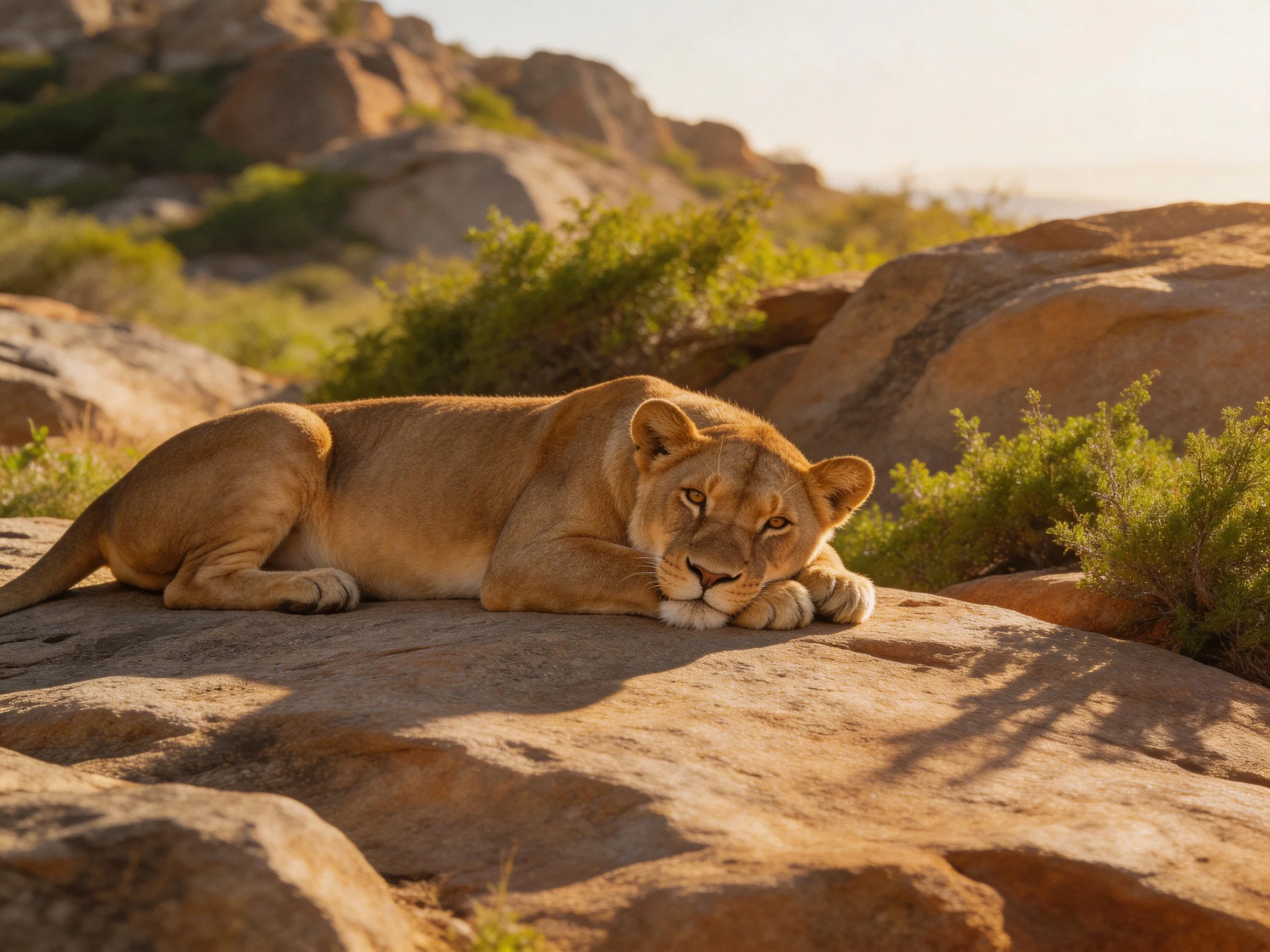 A tawny lioness relaxes on rocks in a sunlit rocky landscape.