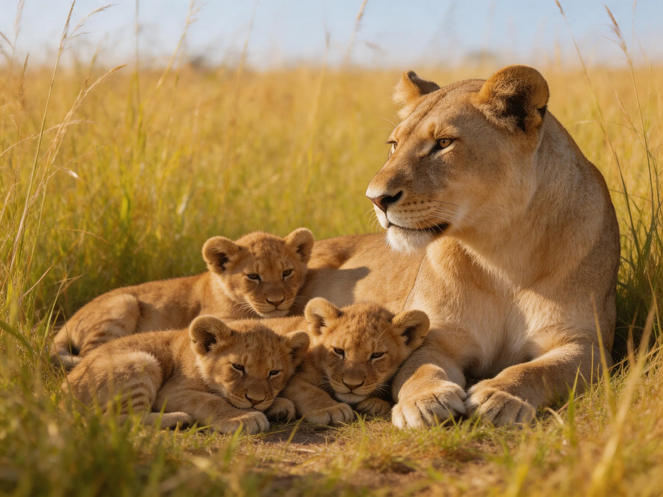 A lioness and her three cubs rest together in the savannah grass.