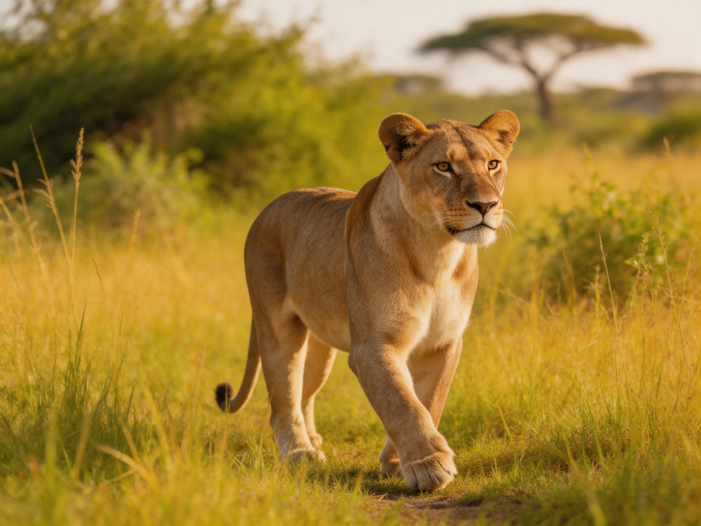 A tawny lioness roams the savannah grasslands.