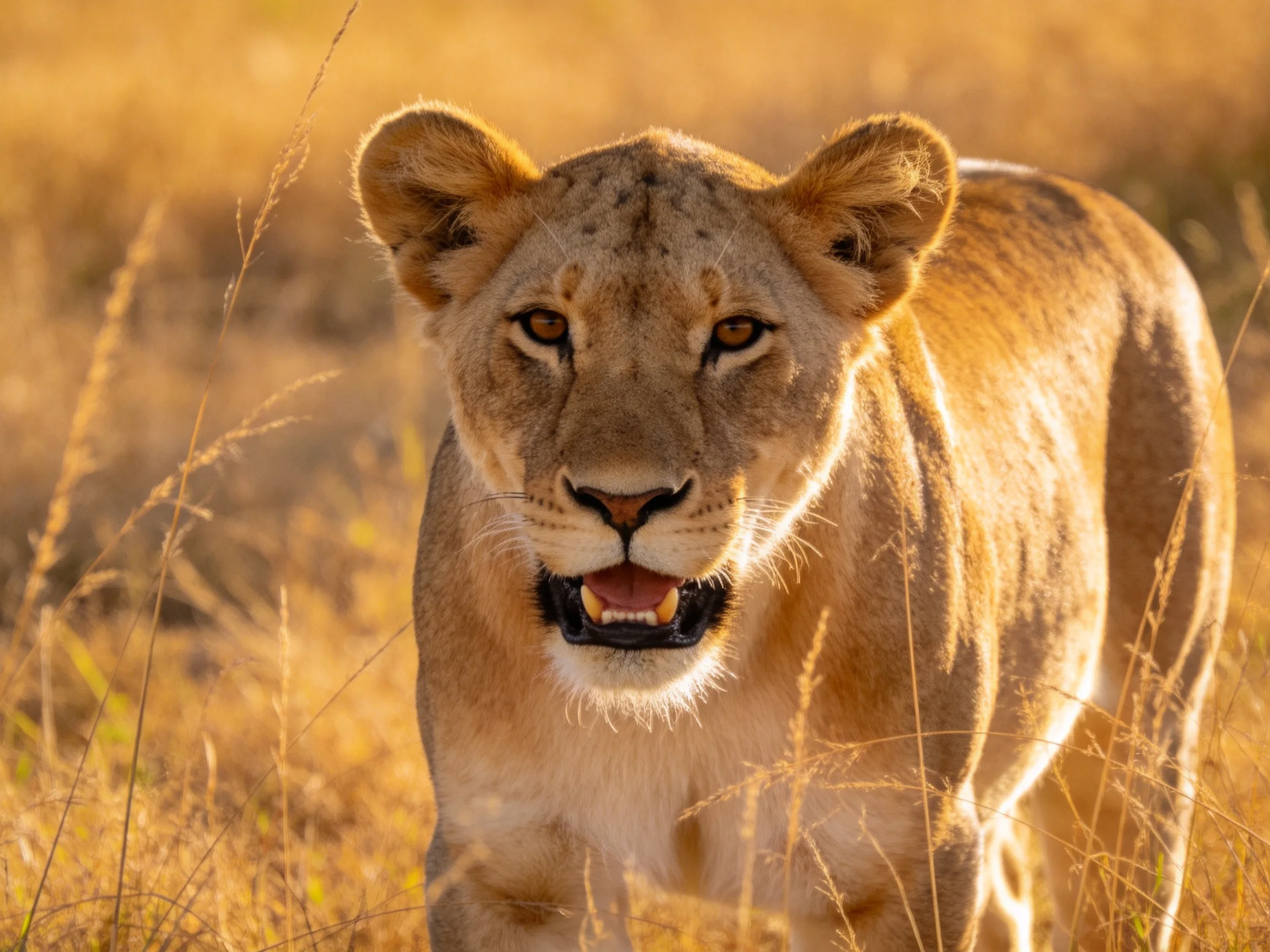 A tawny lioness stands amid golden savannah grasses.