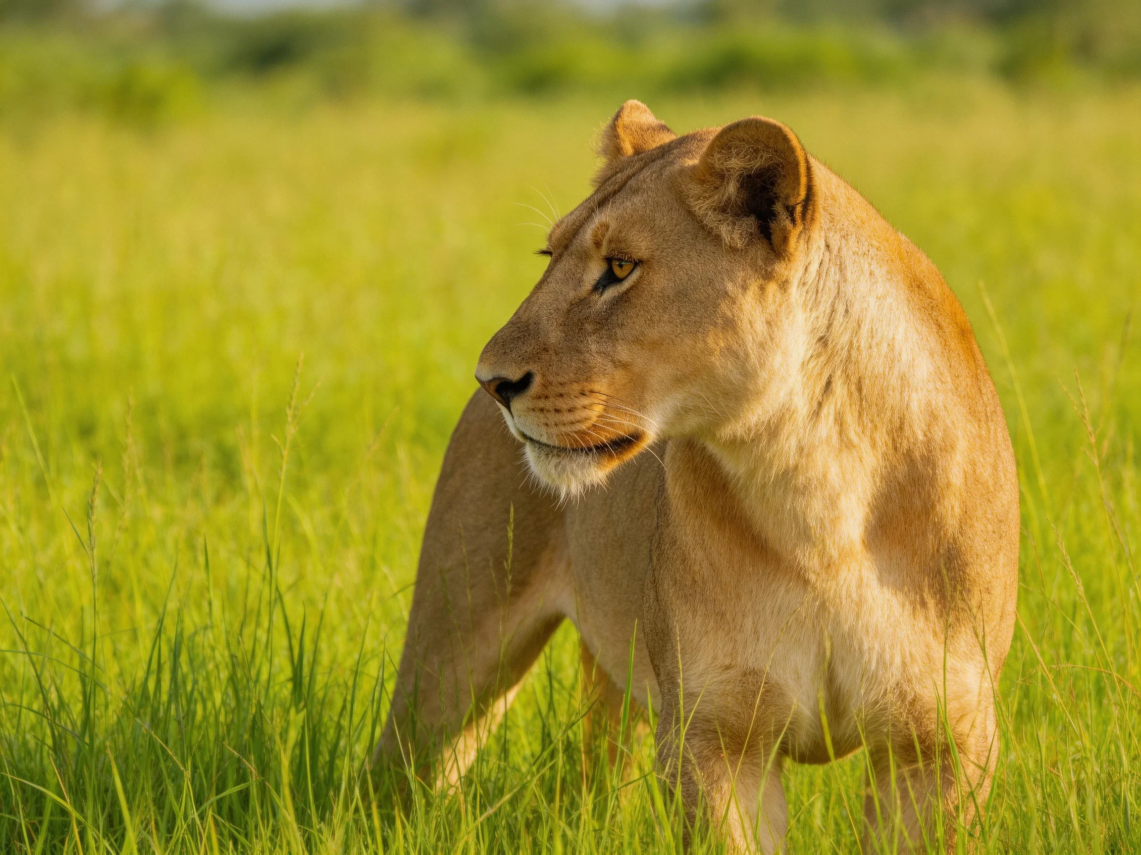 A lioness stands in a field of tall green grass