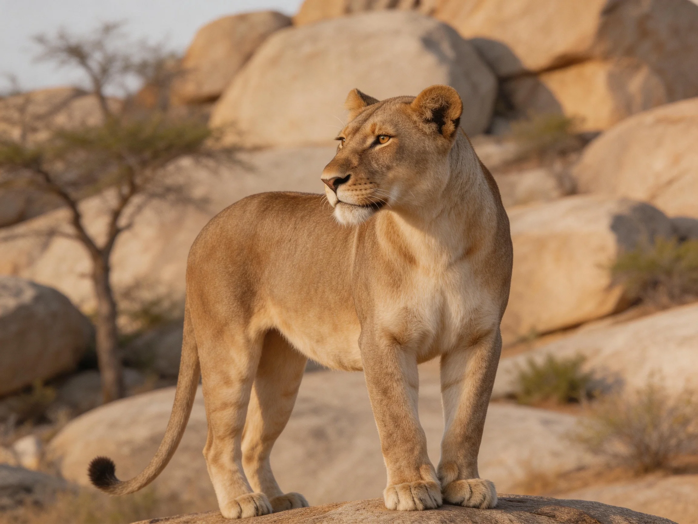 A tawny lioness surveys her rocky surroundingsfrom a high vantage point.
