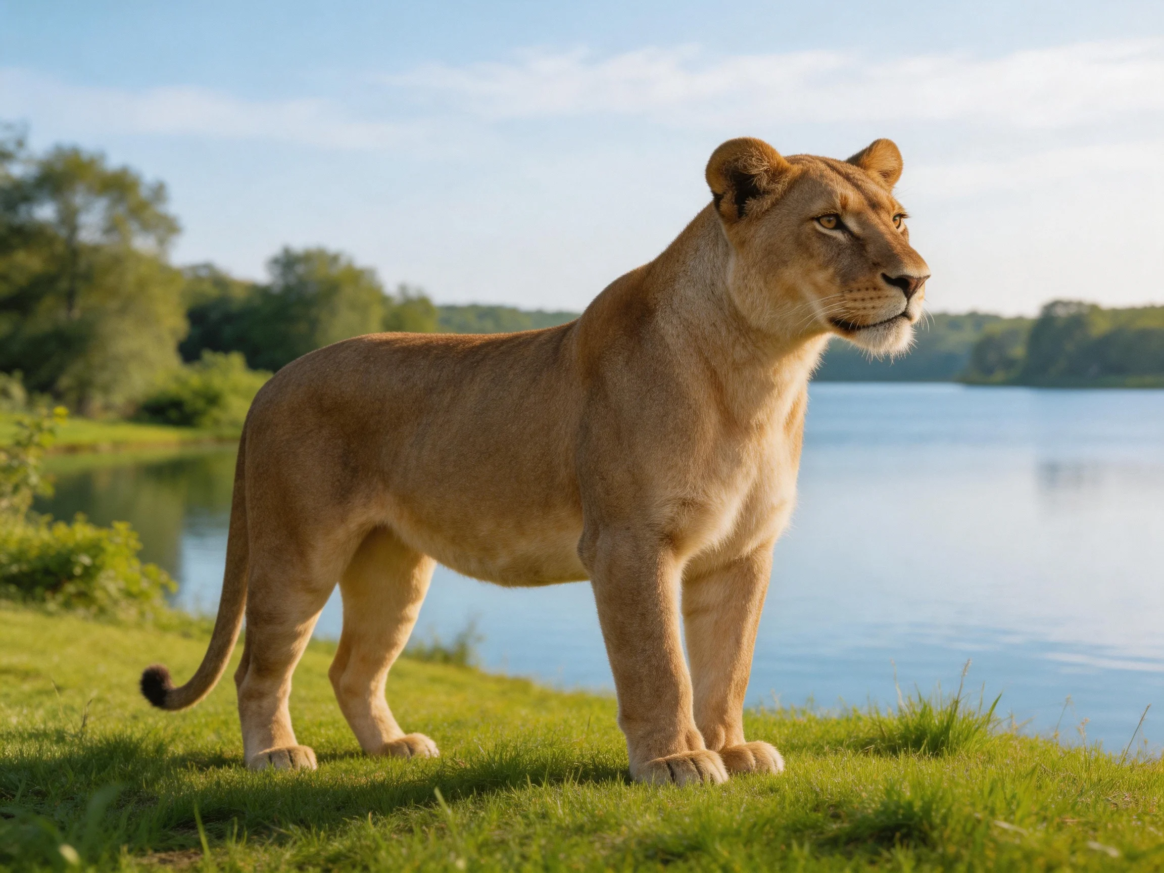 A lioness stands by a calm lake amid greenery in a sunlit area.